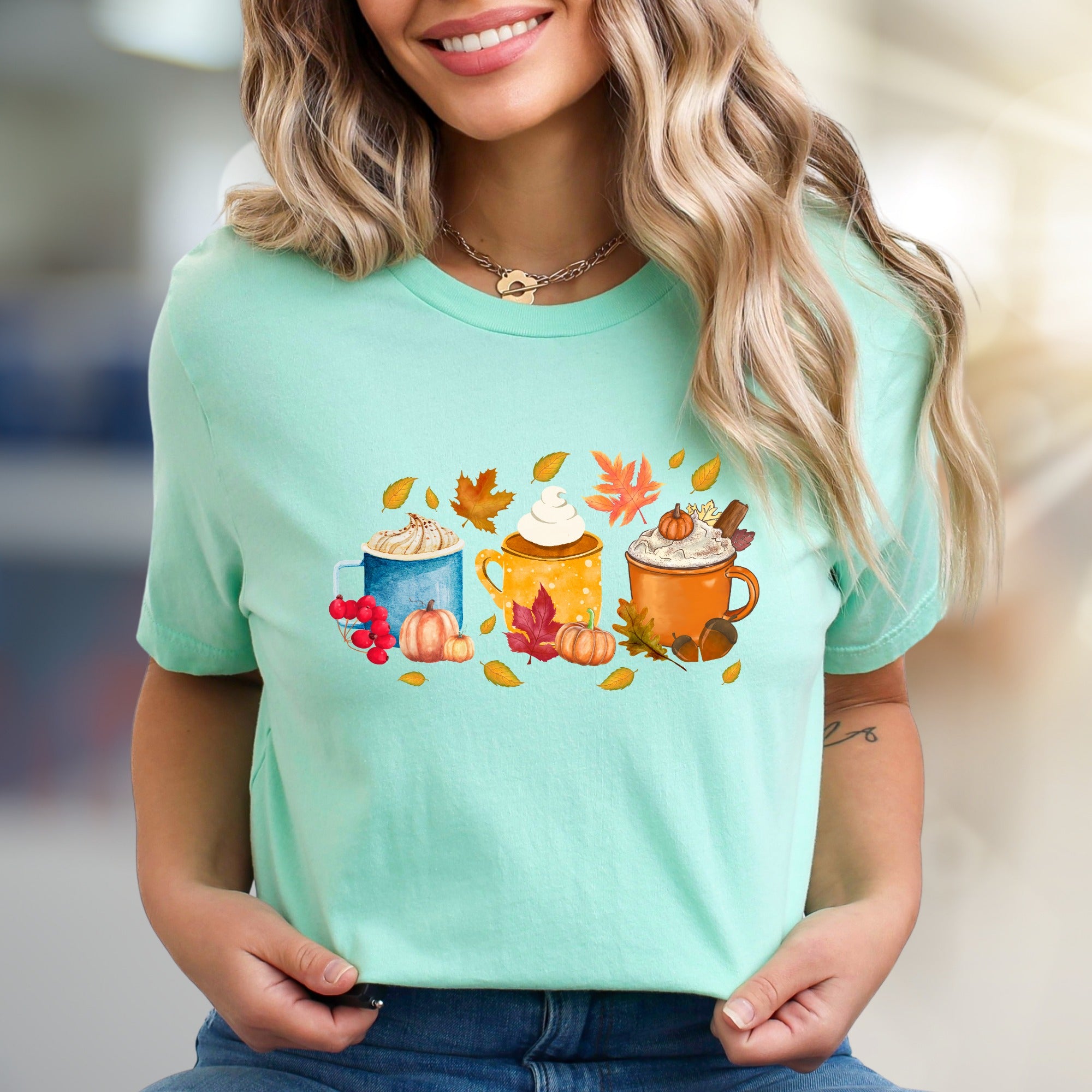 Autumn Coffee Mug Collage Graphic Tee, a Cozy Fall Fashion Pick for PSL Lovers