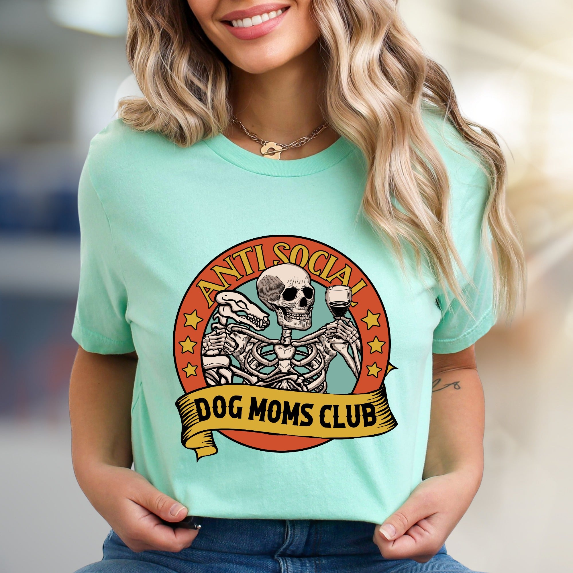 "Anti Social Dog Moms Club" Skeleton Graphic Tee, a Witty Pick for Dog Lovers