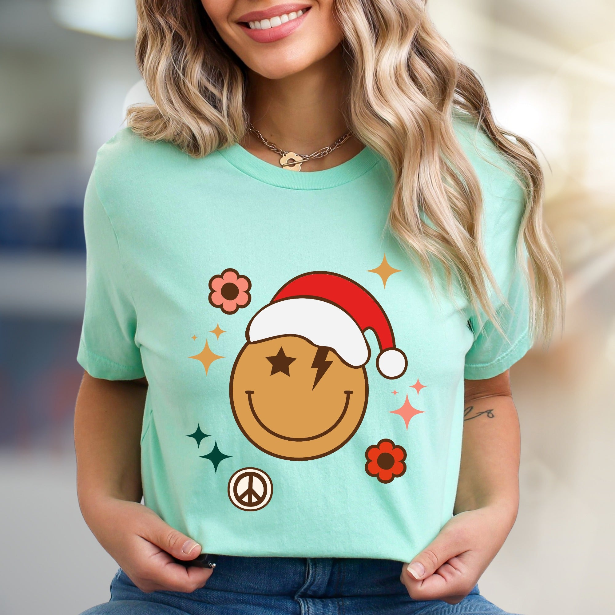 Jolly Santa Smiley Face Retro Graphic Tee, a Festive Vibe for Holiday Lovers