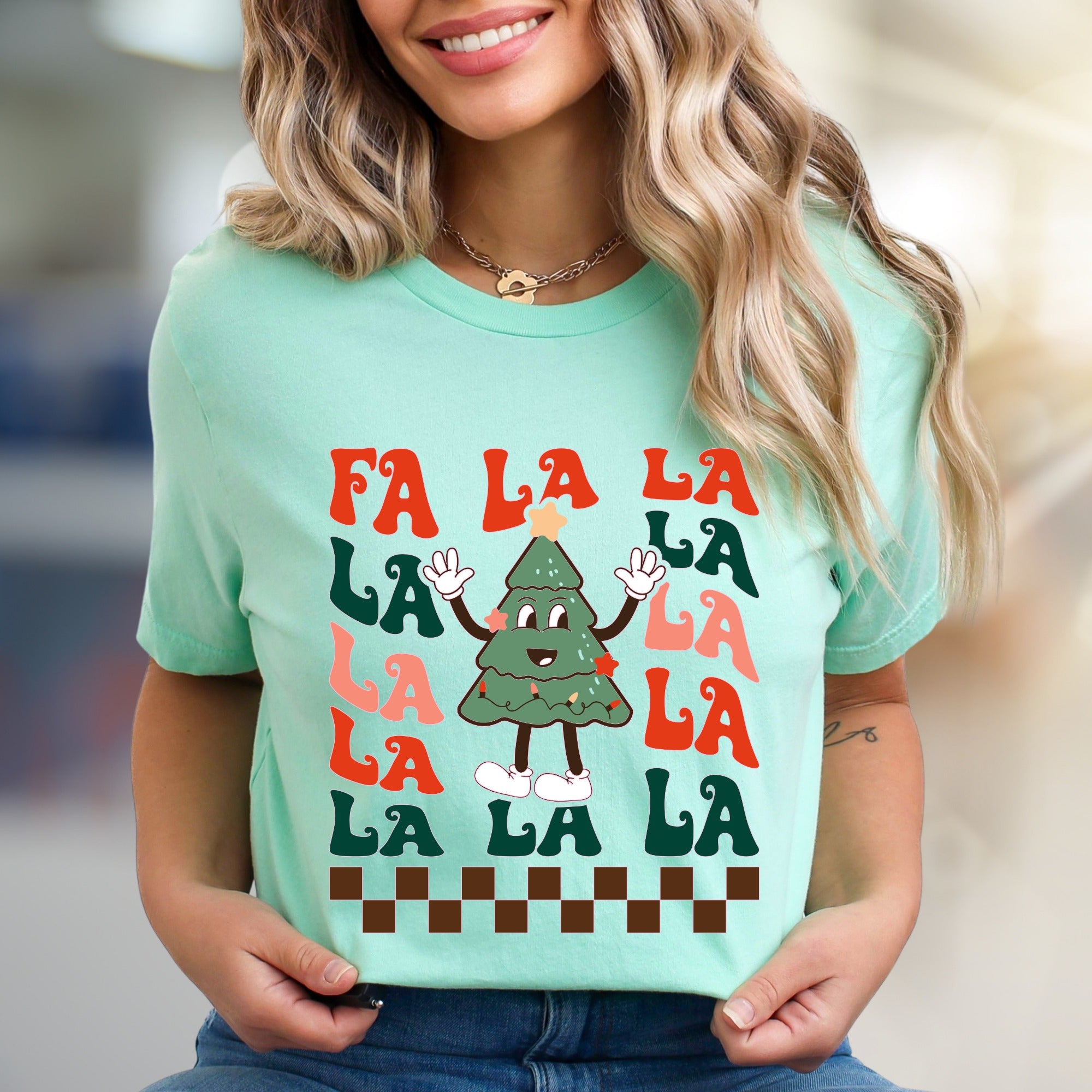 "FA LA LA" Retro Christmas Tree Graphic Tee, A Festive Holiday Pick for Enthusiasts