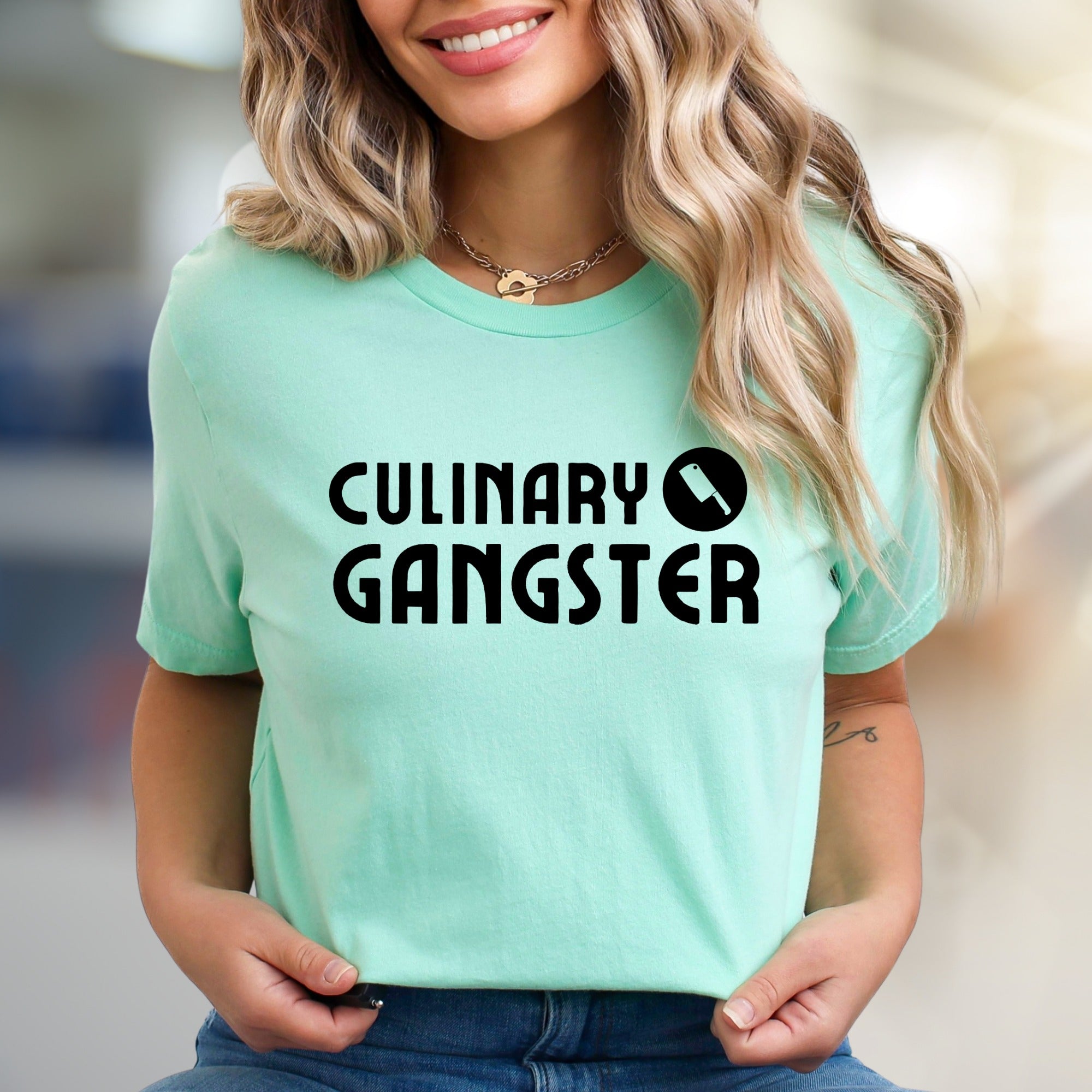 "Culinary Gangster" Chef Knife Graphic Tee, a Foodie Pick for Kitchen Enthusiasts