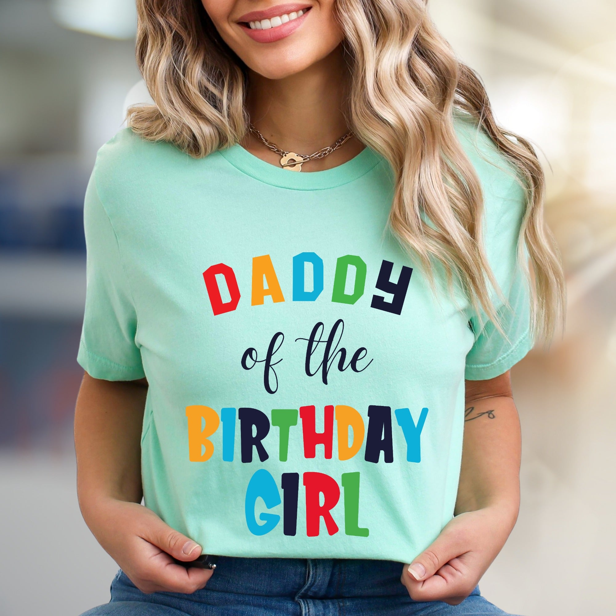 "DADDY of the BIRTHDAY GIRL" Colorful Block Letters Graphic Tee, a Celebration Pick for Fathers and Family
