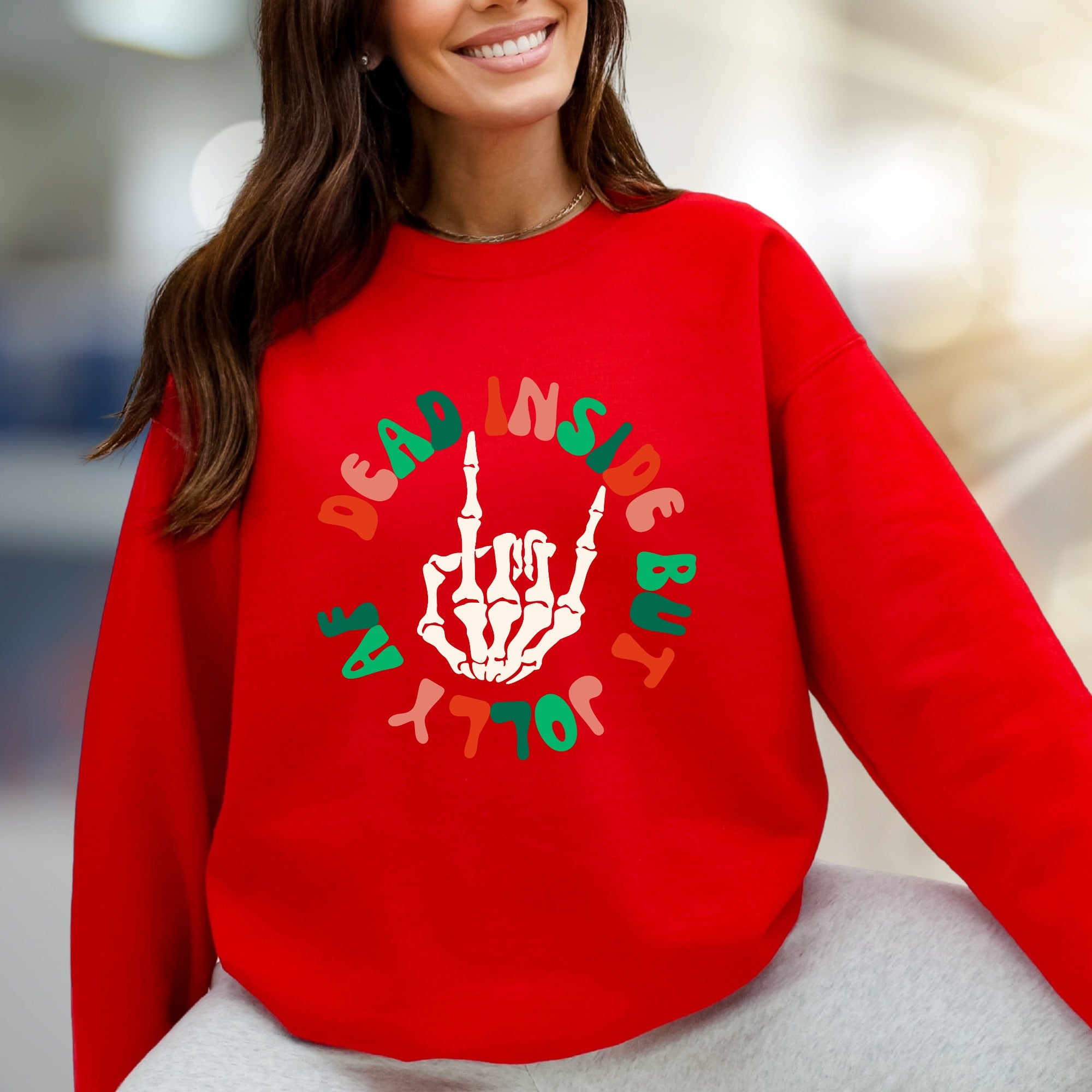"Dead Inside But Jolly" Spooky Christmas Graphic Sweatshirt, a Humorous Holiday Pick for Rebels