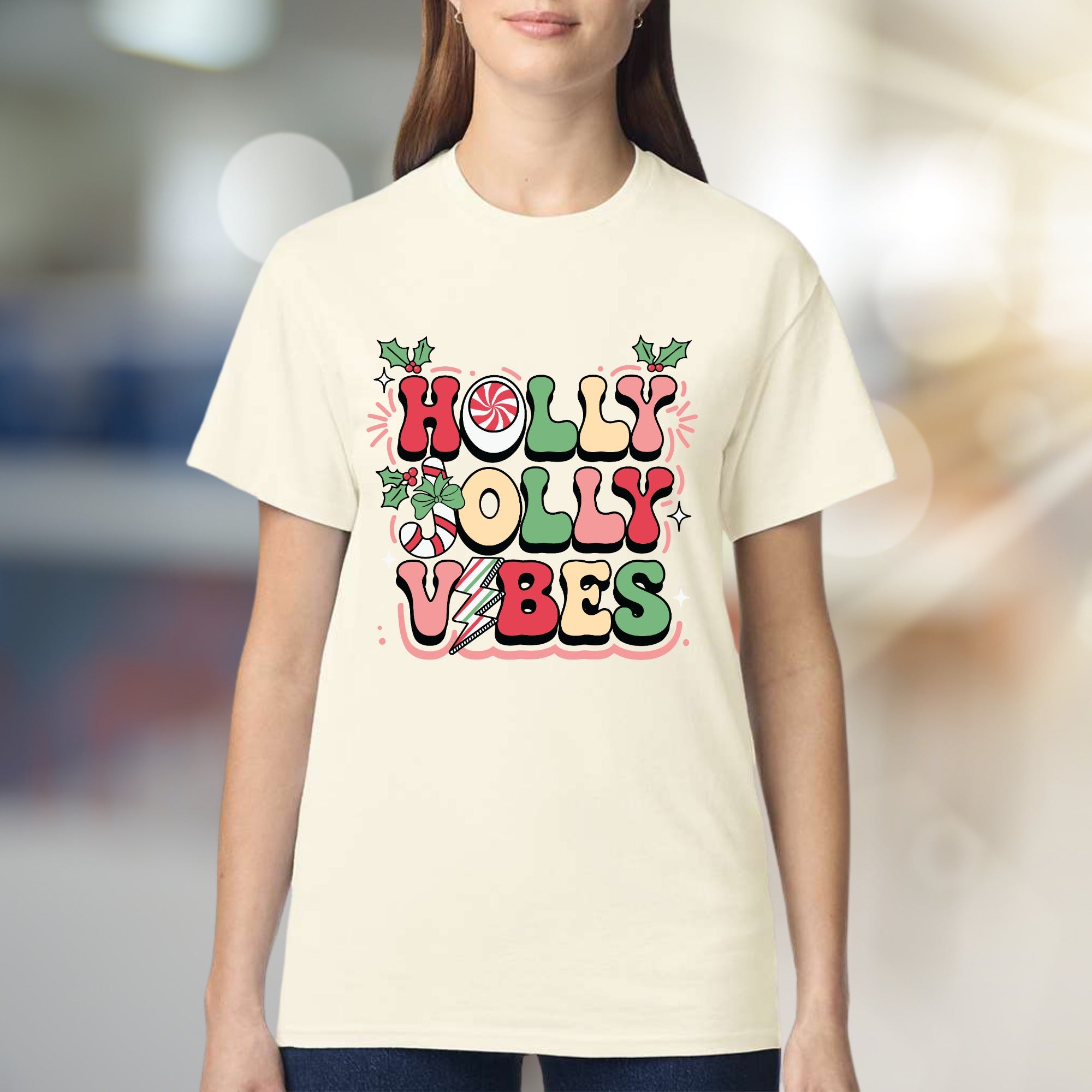 "Holly Jolly Vibes" Retro Christmas Graphic Tee, a Festive Pick for Holiday Enthusiasts