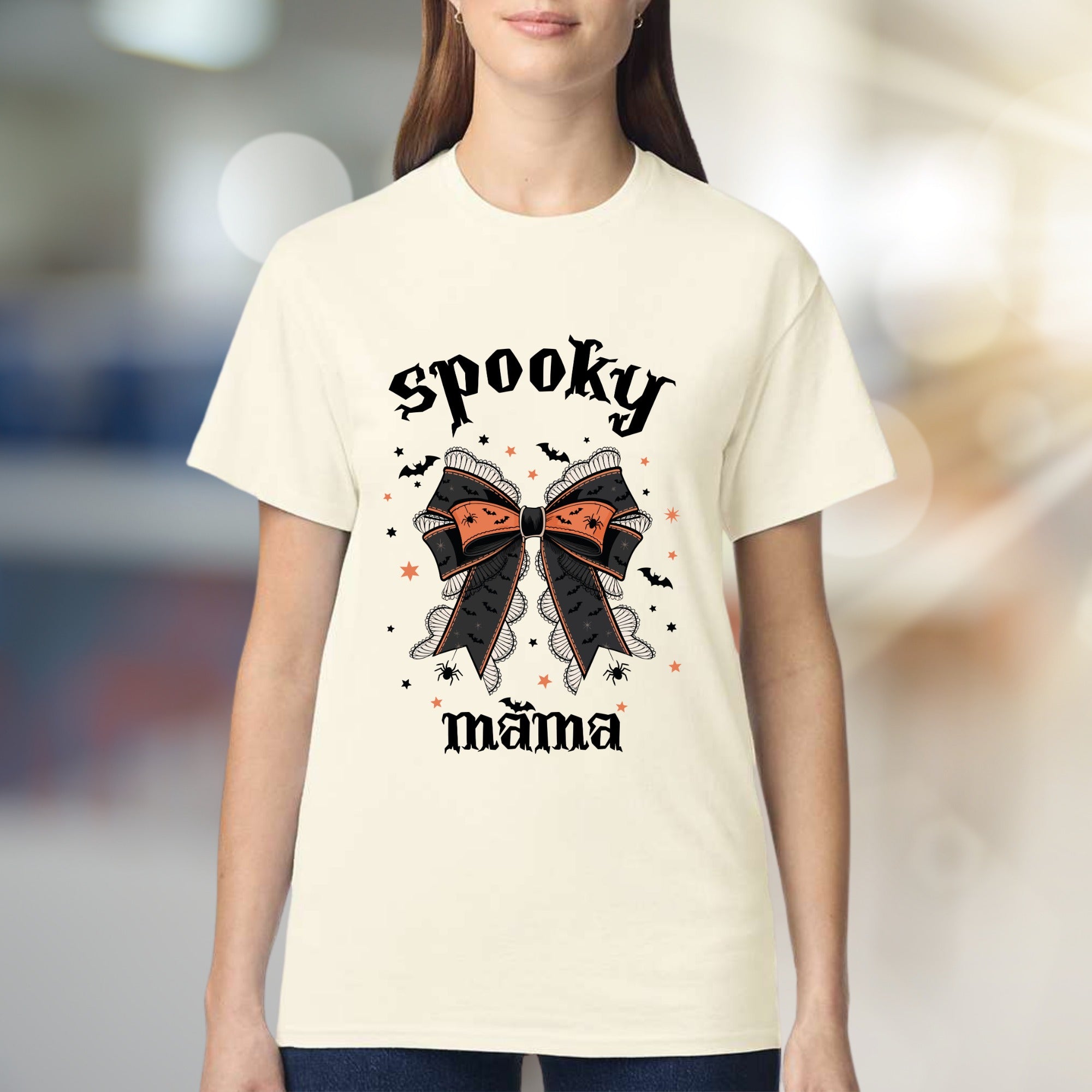 "Spooky Mama" Halloween Bow Graphic Tee, a Gothic-Chic Pick for Moms