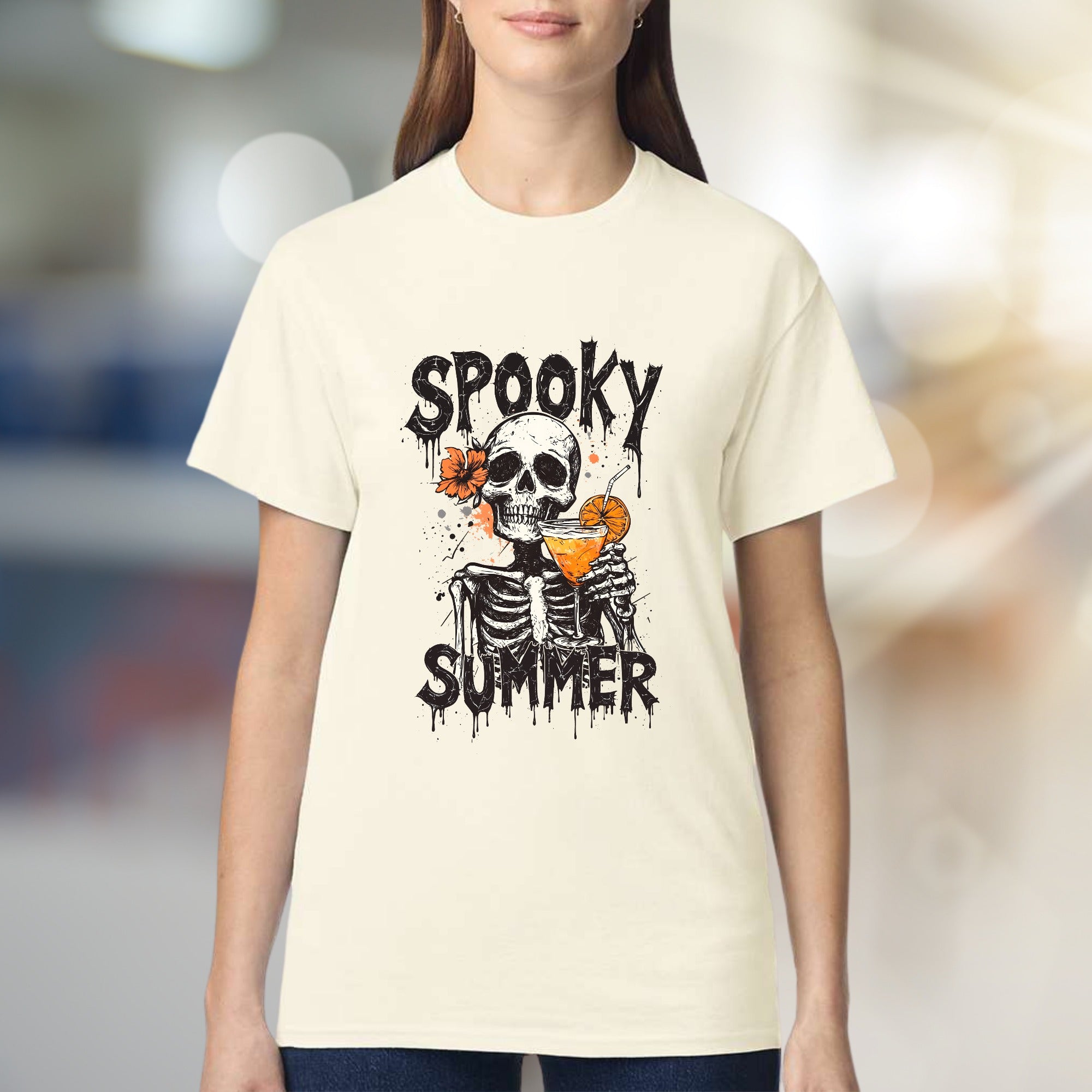 "Spooky Summer" Skeleton Cocktail Graphic Tee, a Gothic Beach Pick for Dark Humor Enthusiasts