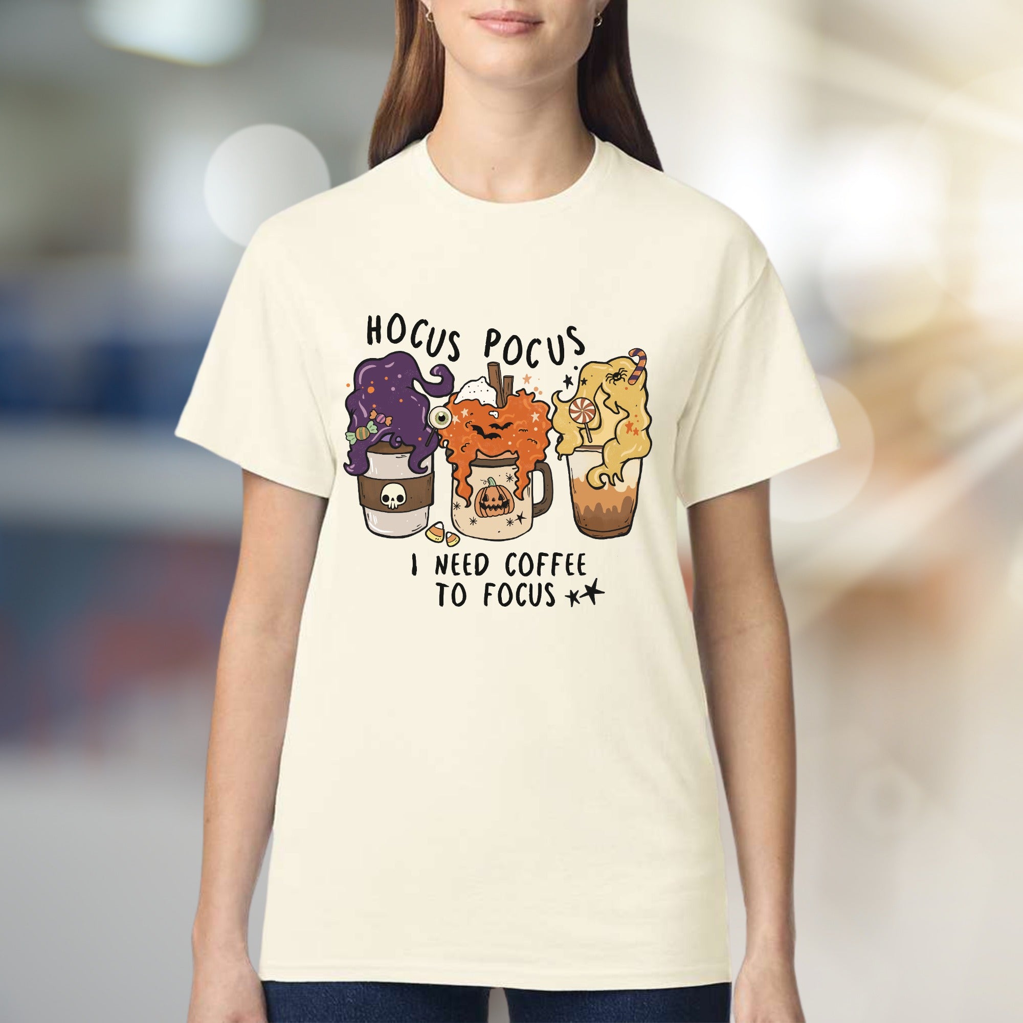 "Hocus Pocus I Need Coffee to Focus" Halloween Coffee Graphic Tee, a Spooky Funny Pick for Caffeine Lovers