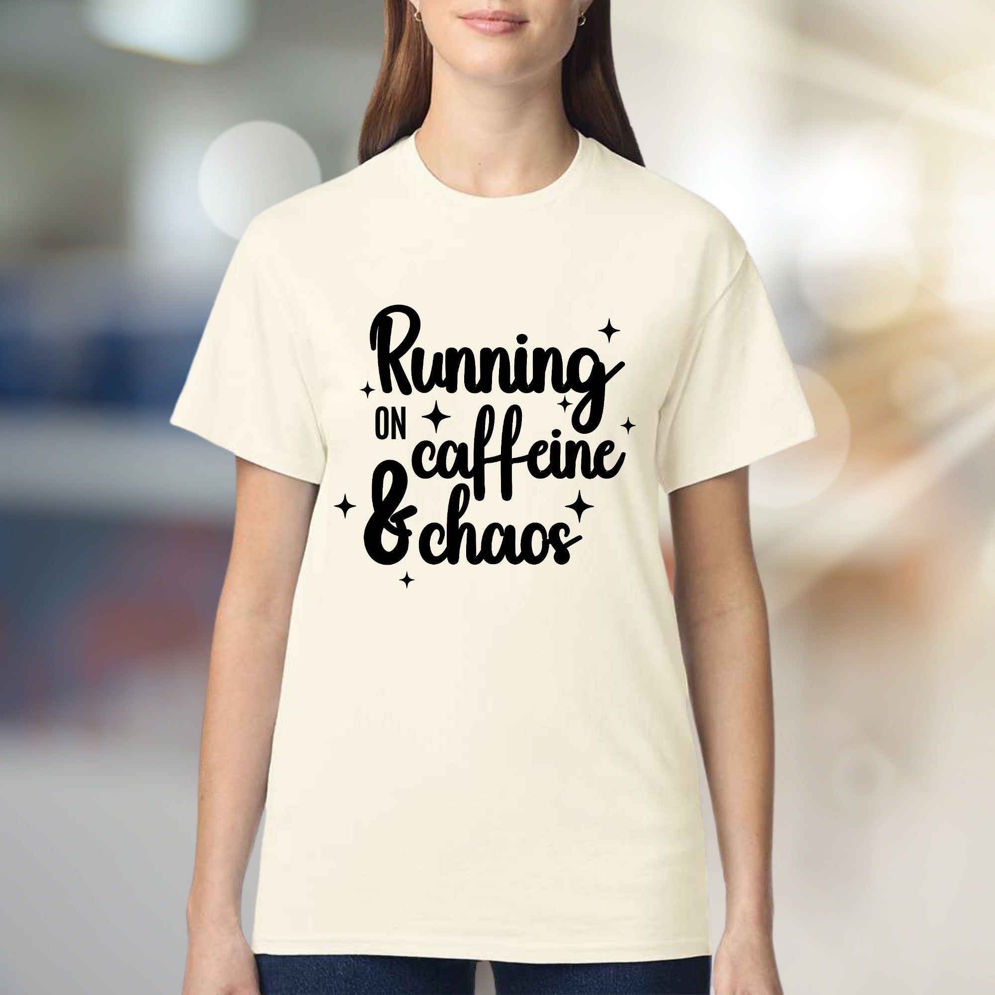 "Running on Caffeine & Chaos" Graphic Tee, a Witty Pick for Coffee Lovers