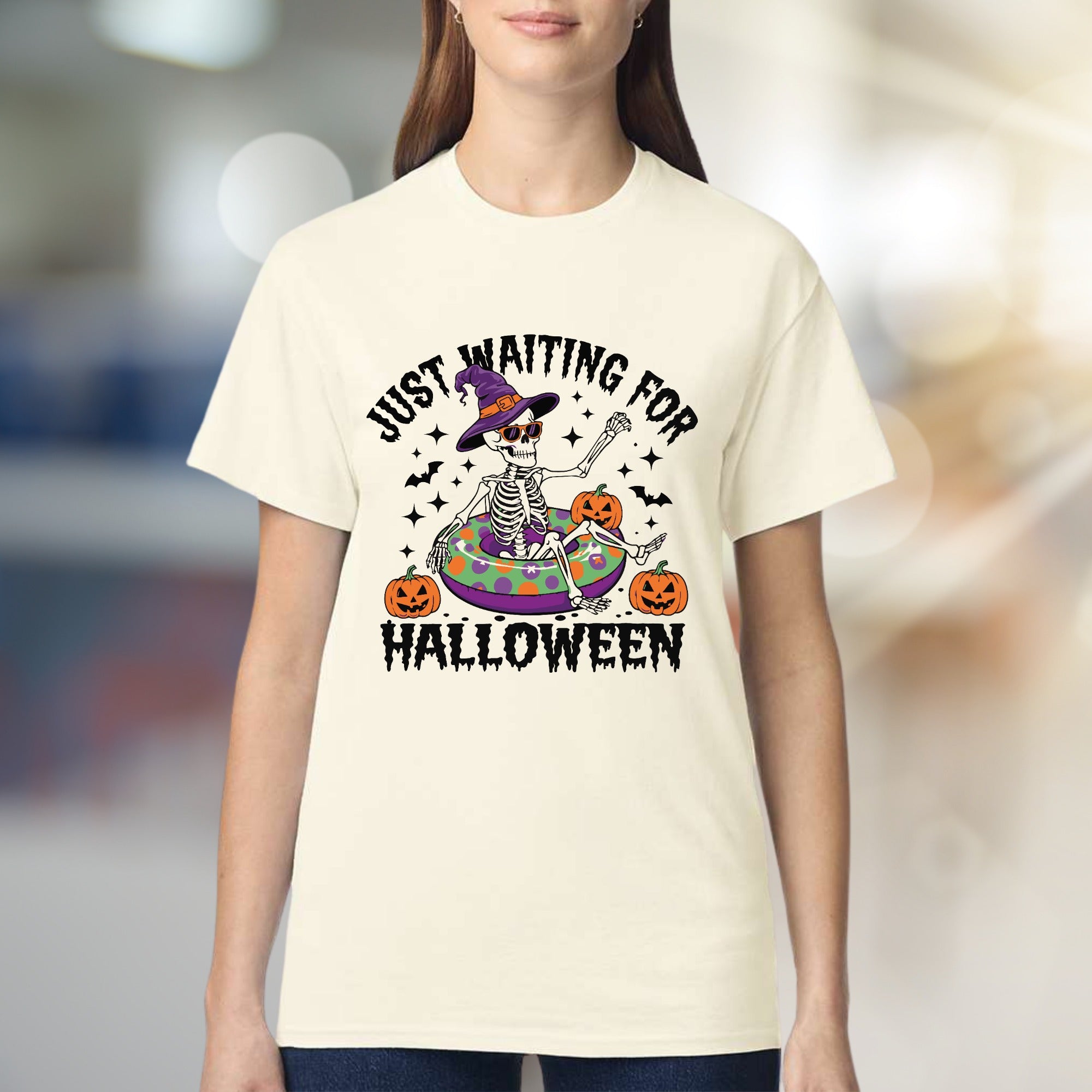 "JUST WAITING FOR HALLOWEEN" Spooky Skeleton Graphic Tee, a Funny Holiday Pick for Spooky Season Lovers