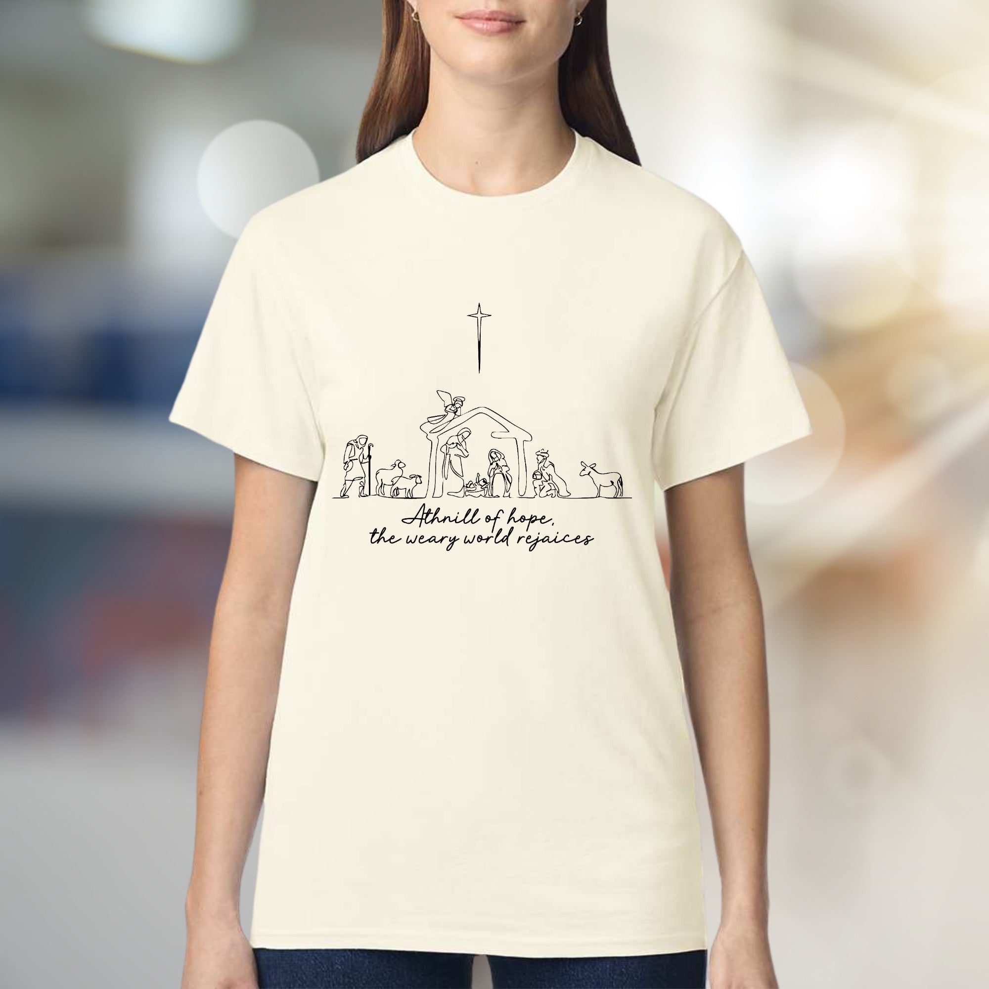"A thrill of hope, the weary world rejoices" Nativity Scene Graphic Tee, a Holiday Pick for Believers
