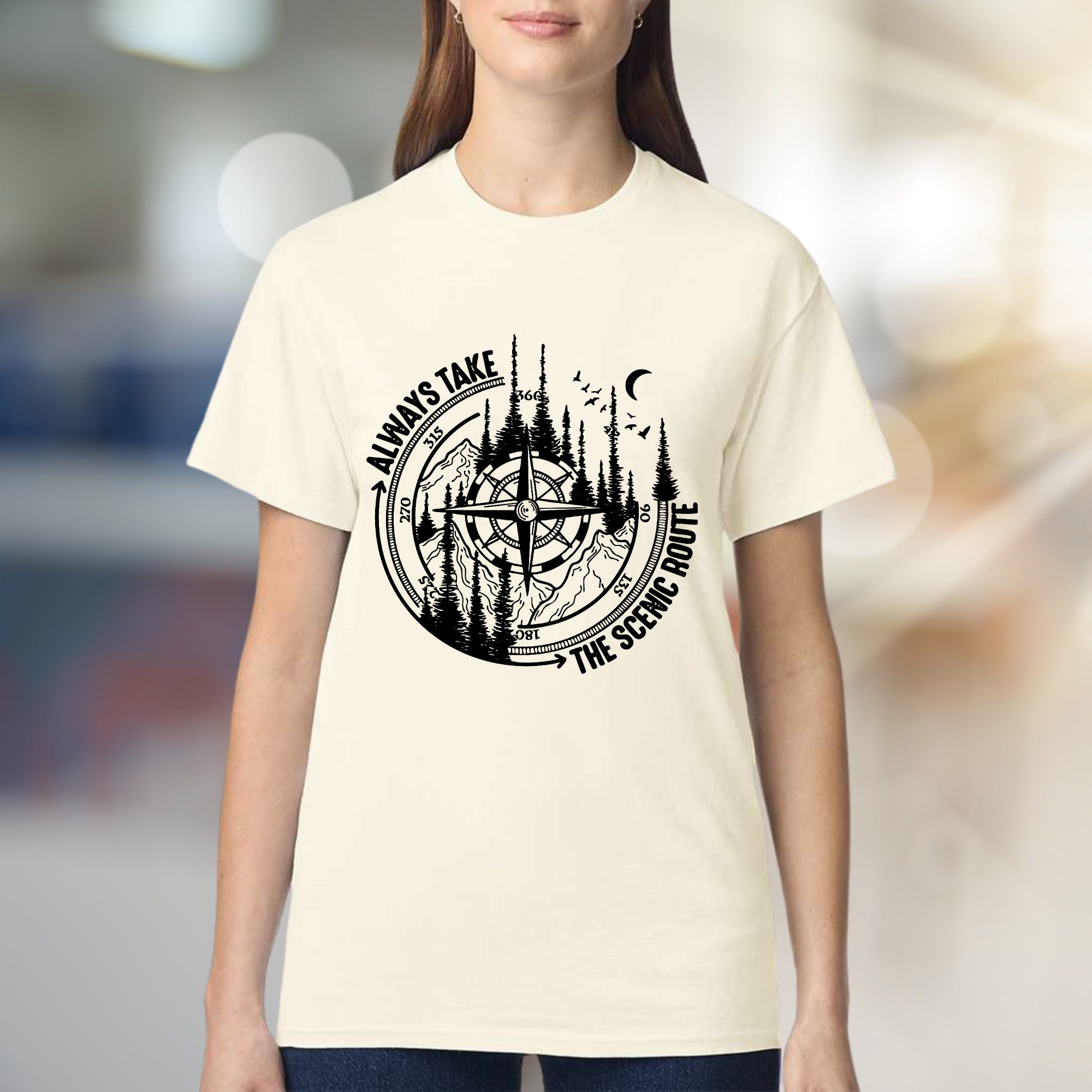 "Always Take The Scenic Route" Wilderness Compass Graphic Tee, an Adventure Enthusiast Pick for Outdoor Lovers