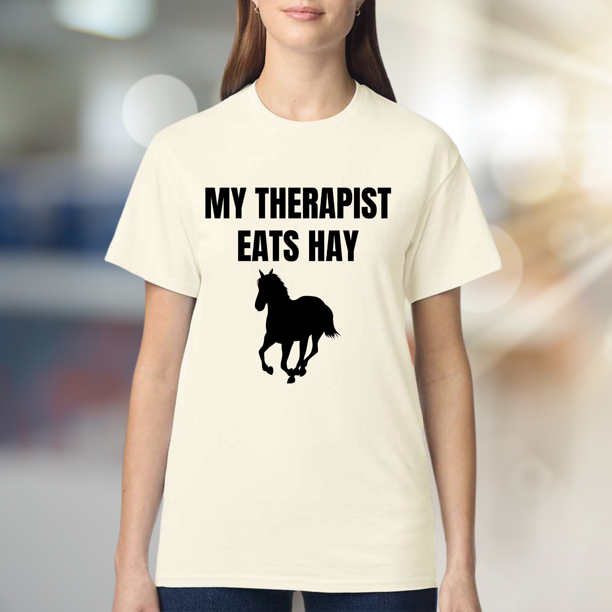 "My Therapist Eats Hay" Horse Graphic Tee, a Funny Equestrian Pick for Horse Lovers