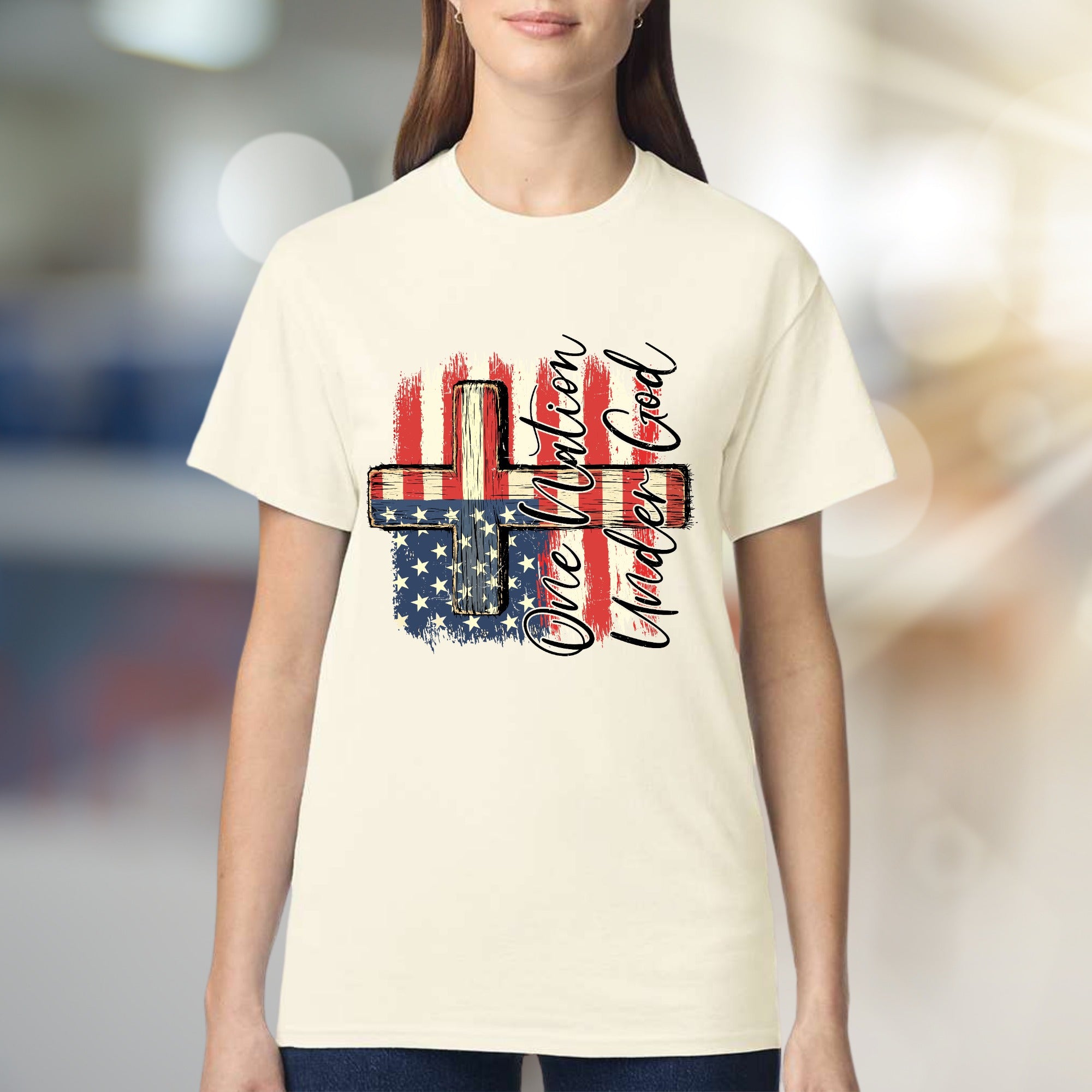 "One Nation Under God" Distressed Flag Cross Tee, a Patriotic Faith Statement
