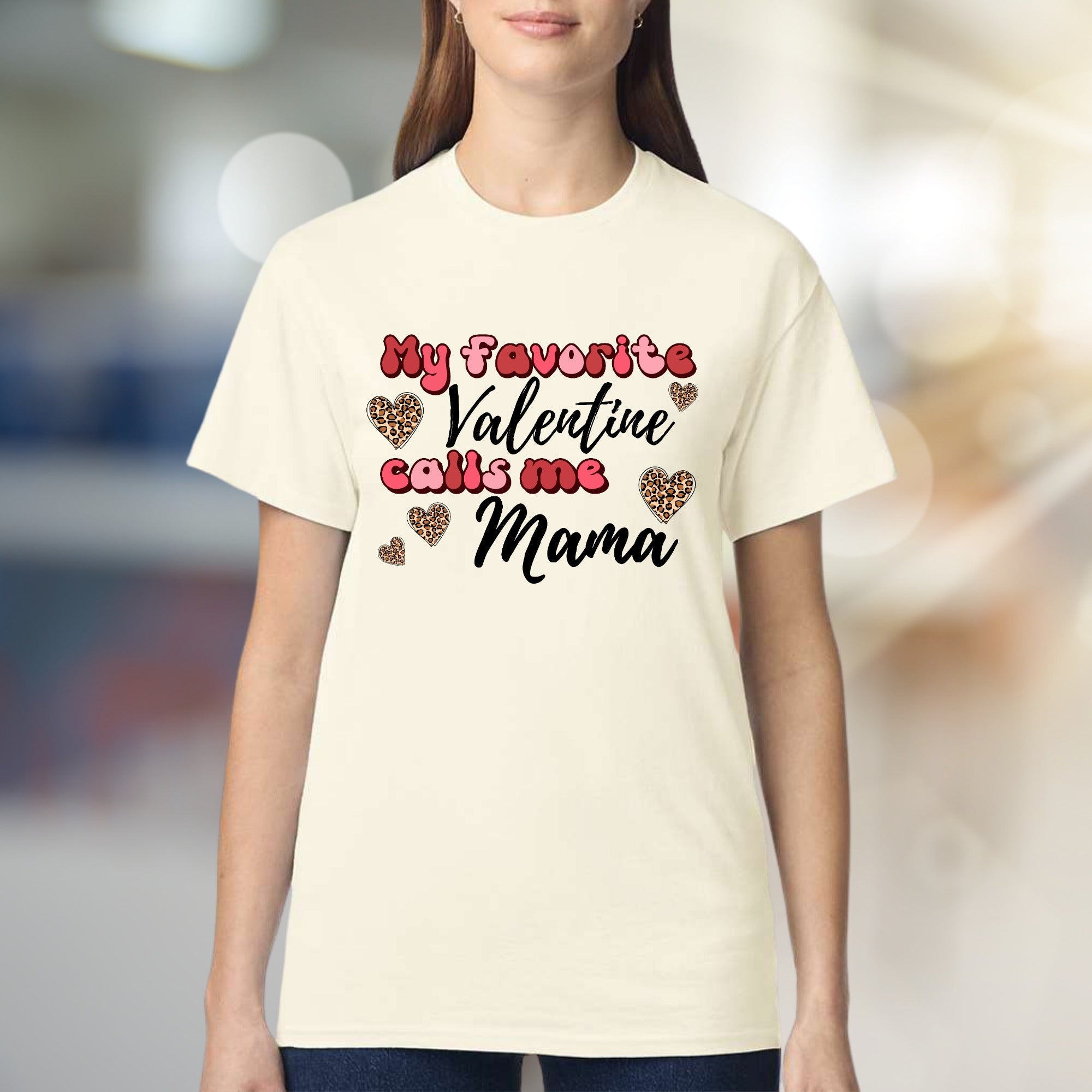 "My Favorite Valentine Calls Me Mama" Leopard Hearts Graphic Tee, a Sweet Gift for Moms