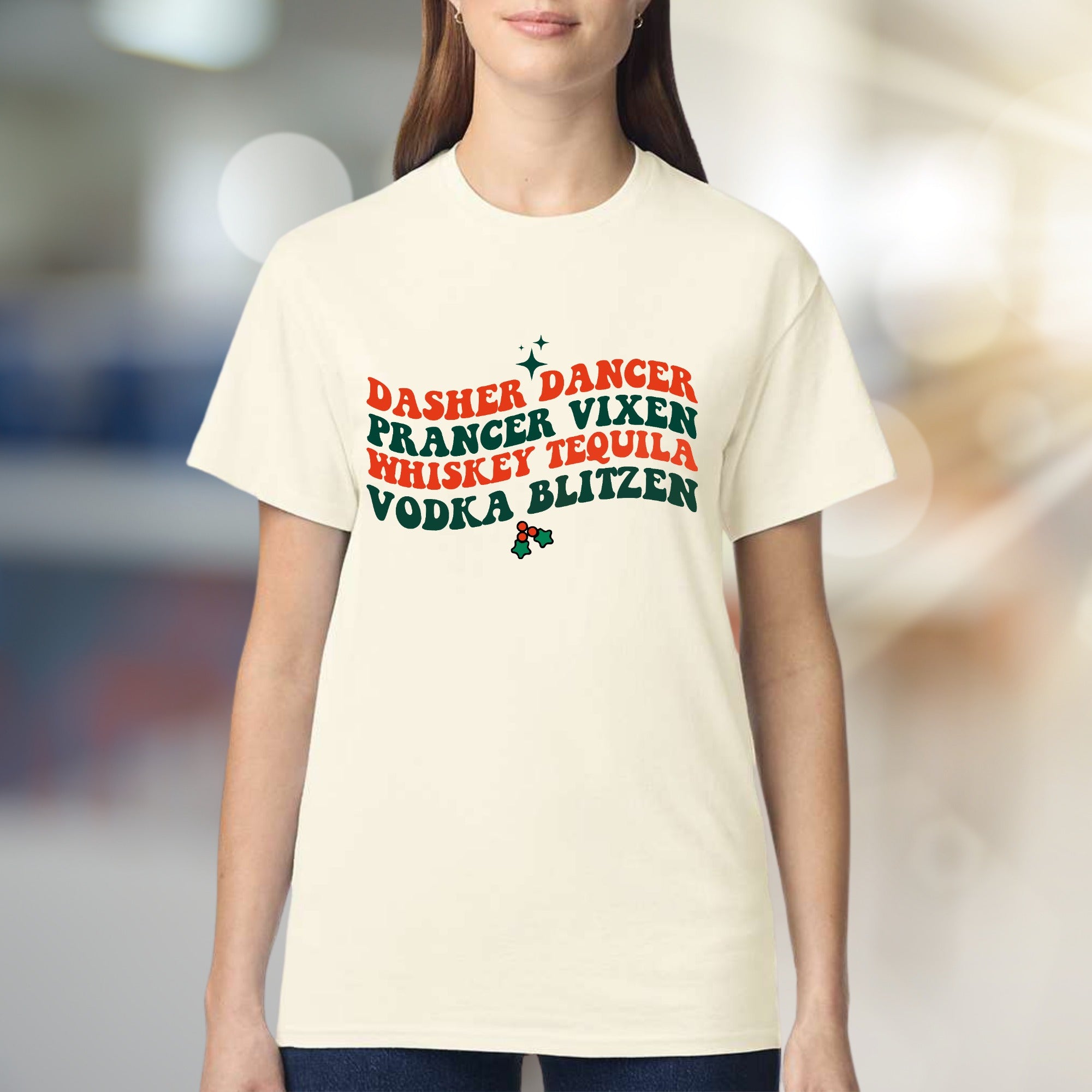 "Dasher Dancer Vixen Whiskey Tequila Vodka Blitzen" Festive Graphic Tee, a Holiday Humor Pick for Party-Goers