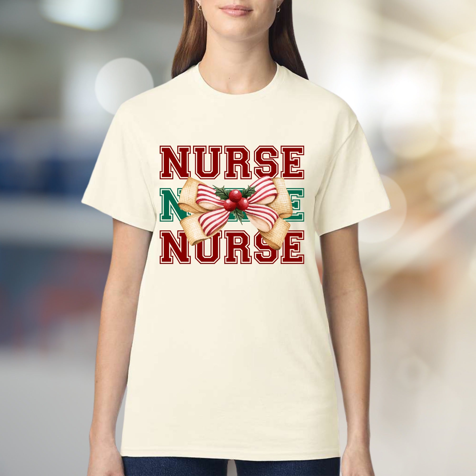 "Nurse" Holiday Bow Graphic Tee, a Festive Appreciation for Caregivers