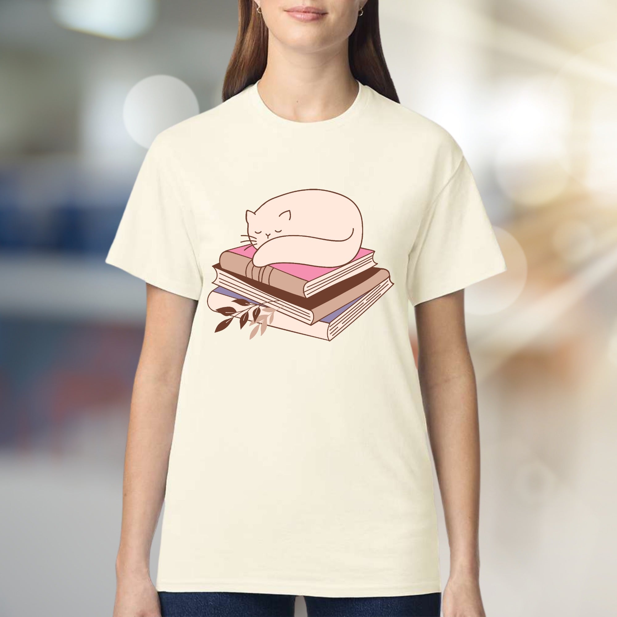 Sleeping Cat on Books Graphic Tee, a Cozy Literary Pick for Book Lovers