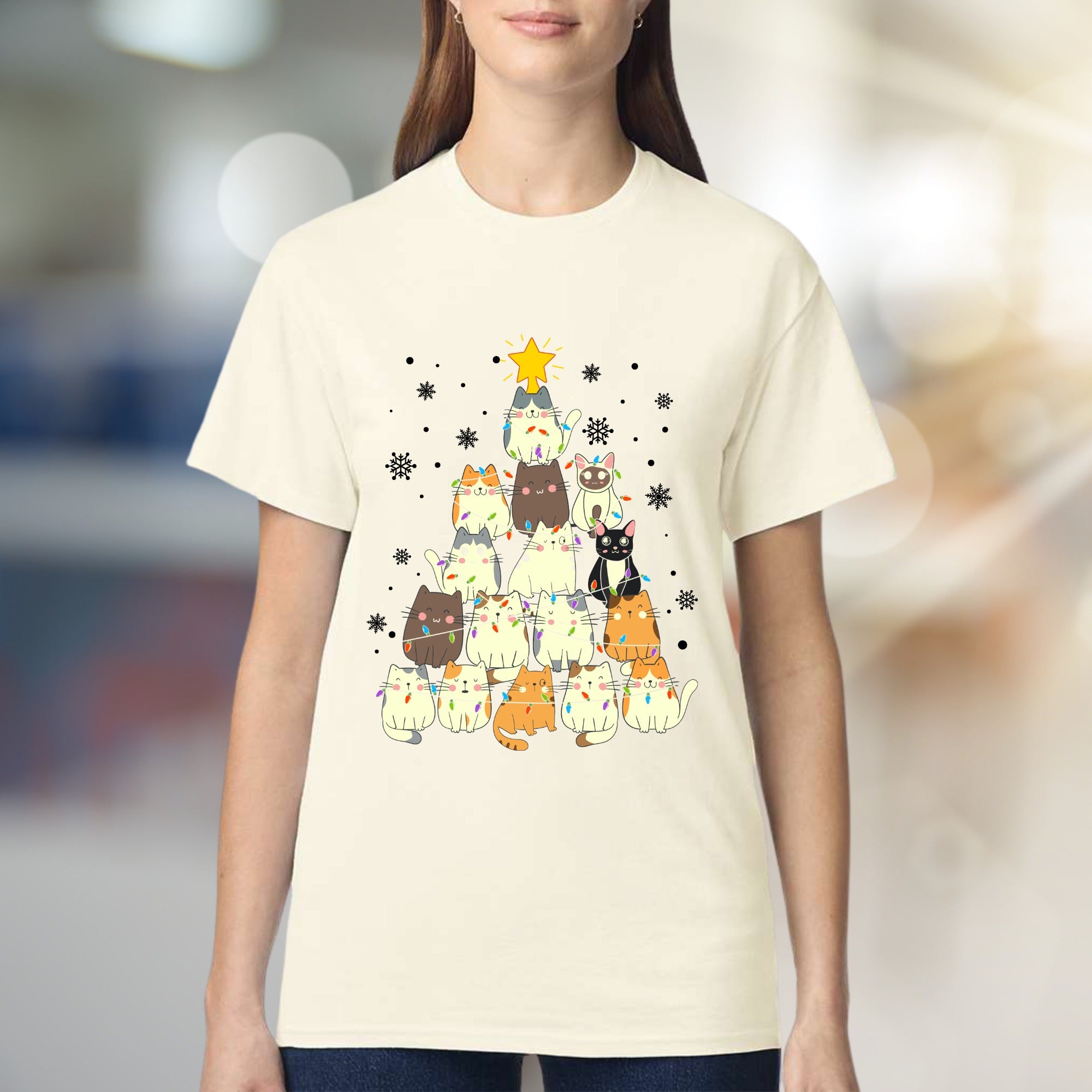 Charming Cat Christmas Tree Graphic Tee, A Cozy Holiday Pick for Pet Lovers