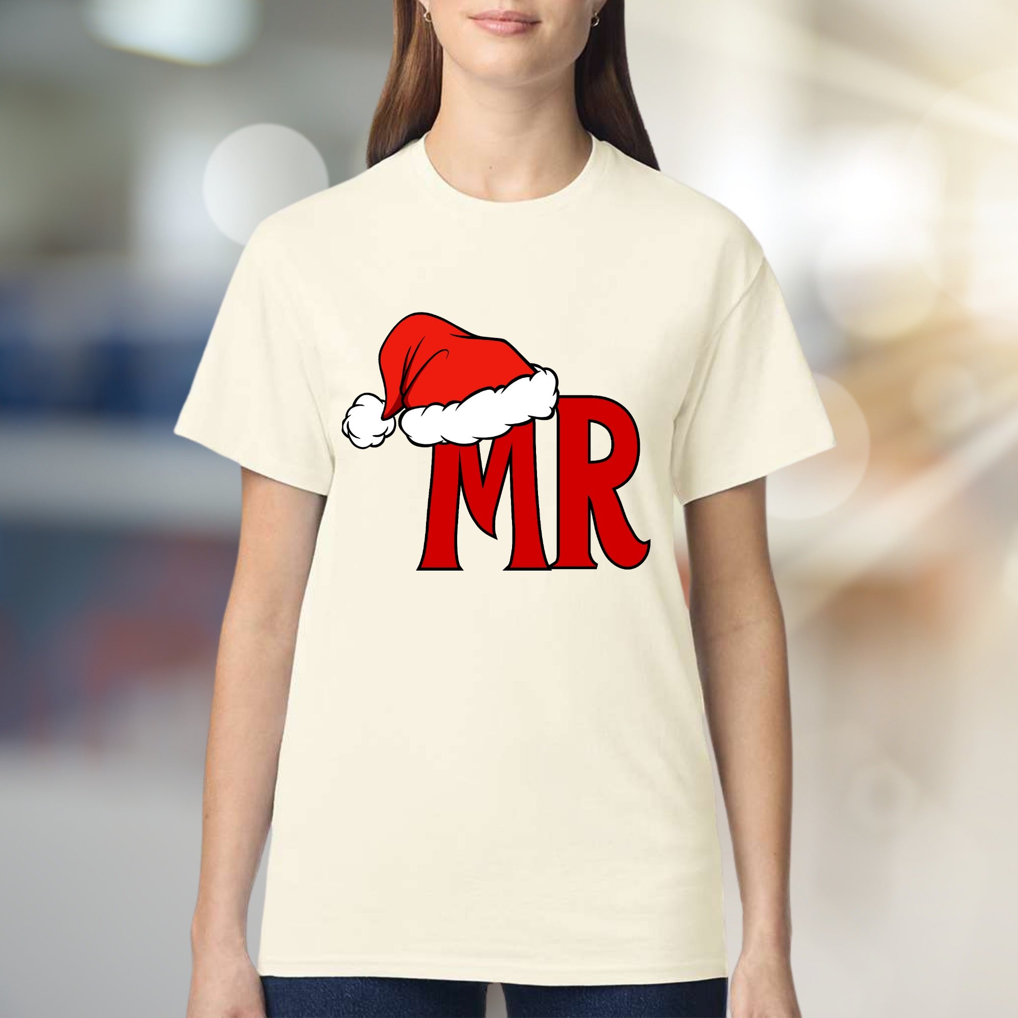 "MR" Santa Hat Graphic Tee, a Festive Couple's Pick for Holiday Lovers