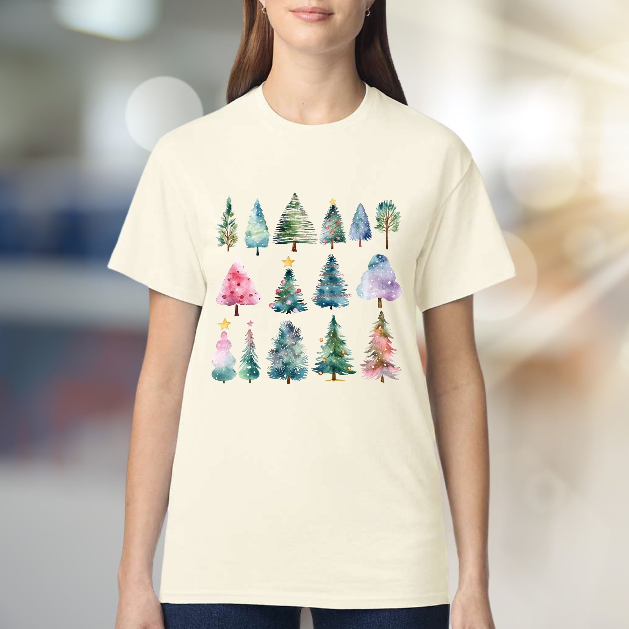 Winter Forest Watercolor Trees Graphic Tee, A Festive Casual Pick for Holiday Lovers
