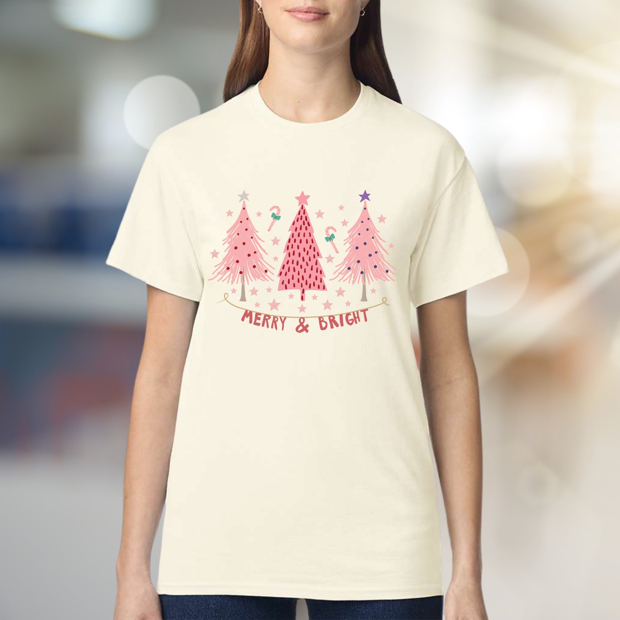 "Merry & Bright" Festive Christmas Trees Graphic Tee, a Whimsical Pick for Holiday Enthusiasts