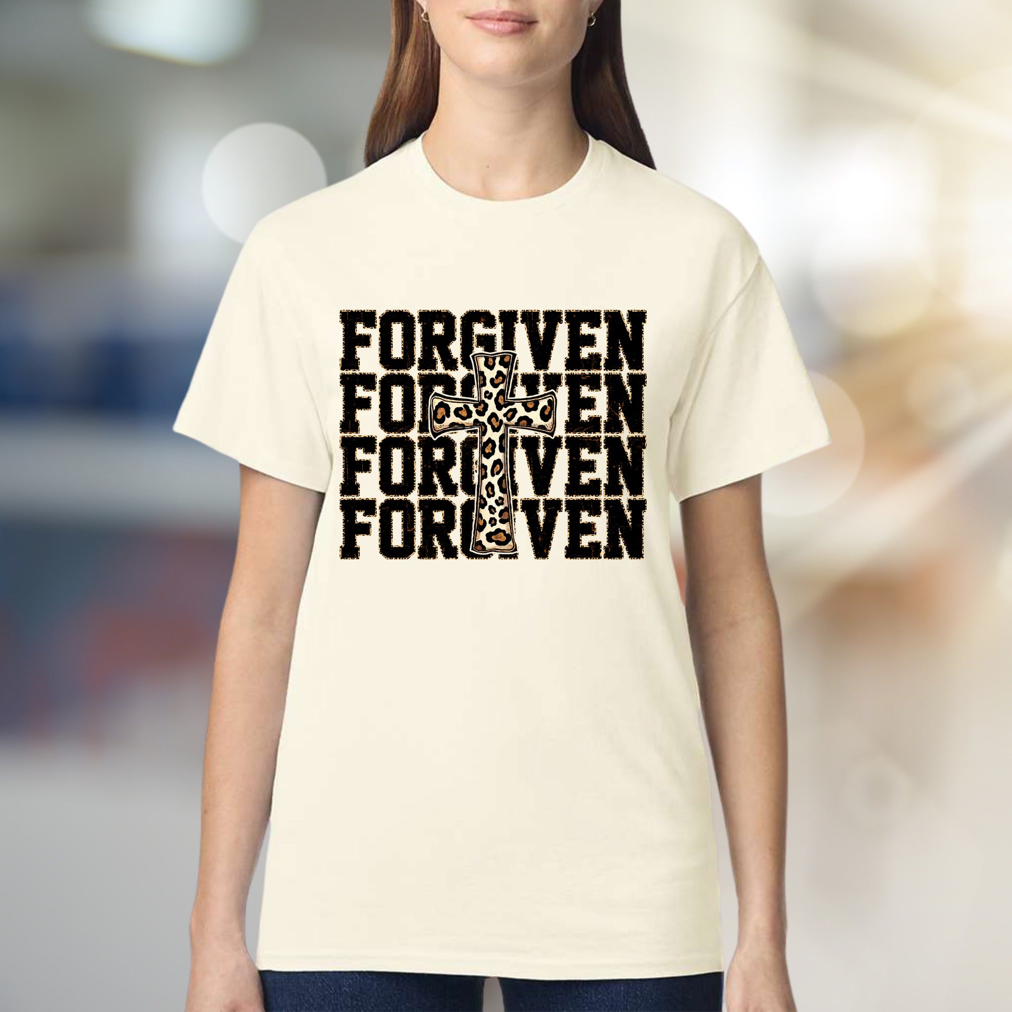 "FORGIVEN" Leopard Cross Graphic Tee, a Faith-Inspired Statement for Believers