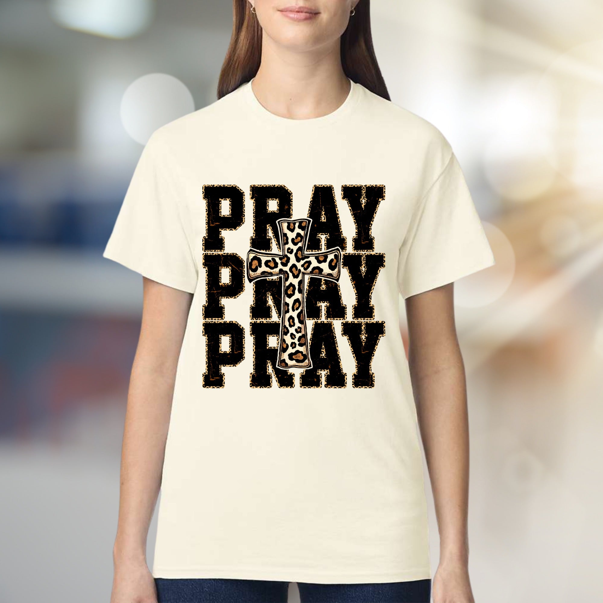 "PRAY" Leopard Print Cross Graphic Tee, a Faith-Inspired Western Pick for Her