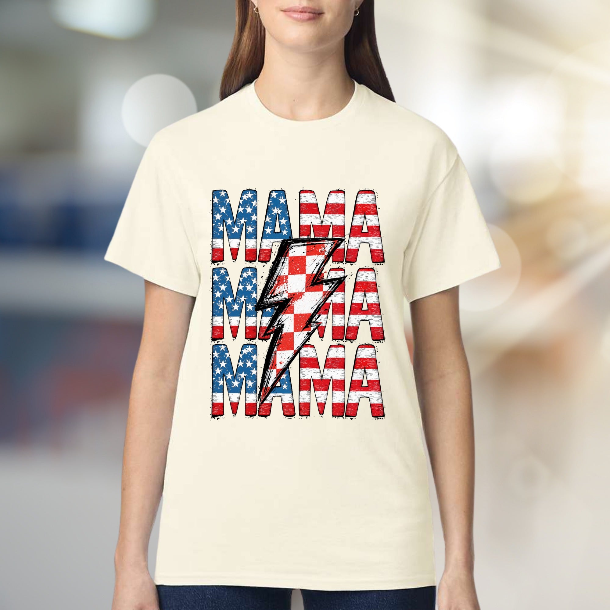 "MAMA" American Flag Lightning Bolt Graphic Tee, a Patriotic Pick for Proud Moms