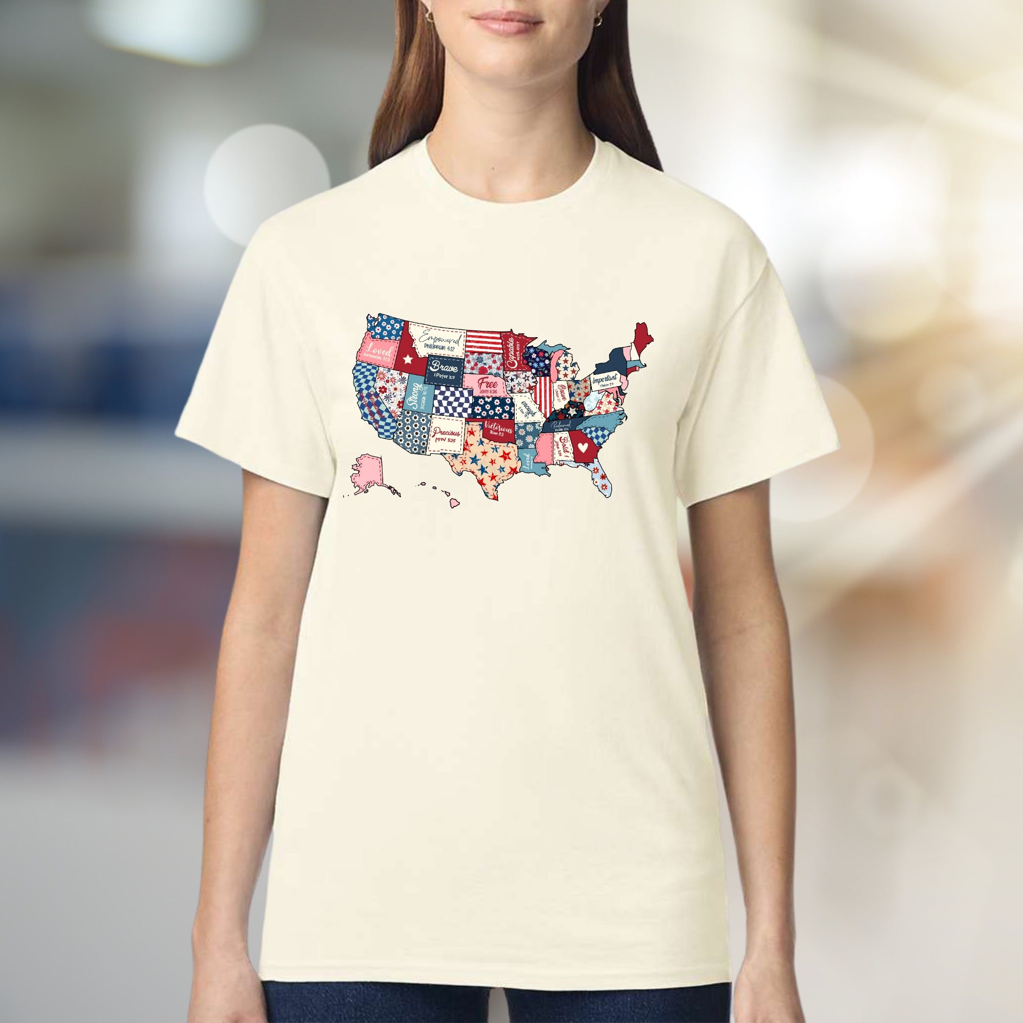 "Loved. Empowered. Brave." Christian Patchwork USA Graphic Tee, a Faith-Inspired Pick for Believers