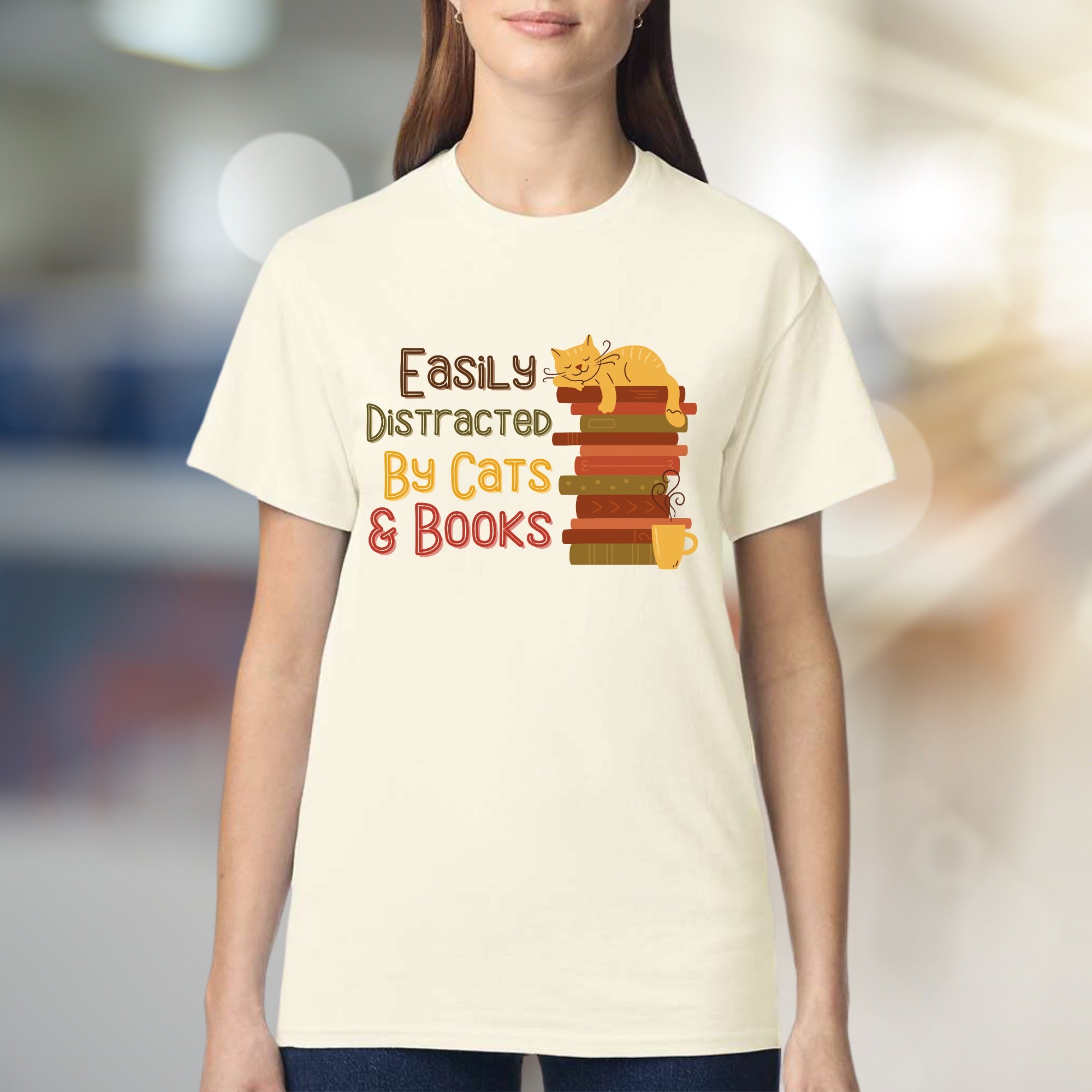 "Easily Distracted By Cats & Books" Cozy Reader Graphic Tee, a Feline Fan Pick for Book Lovers