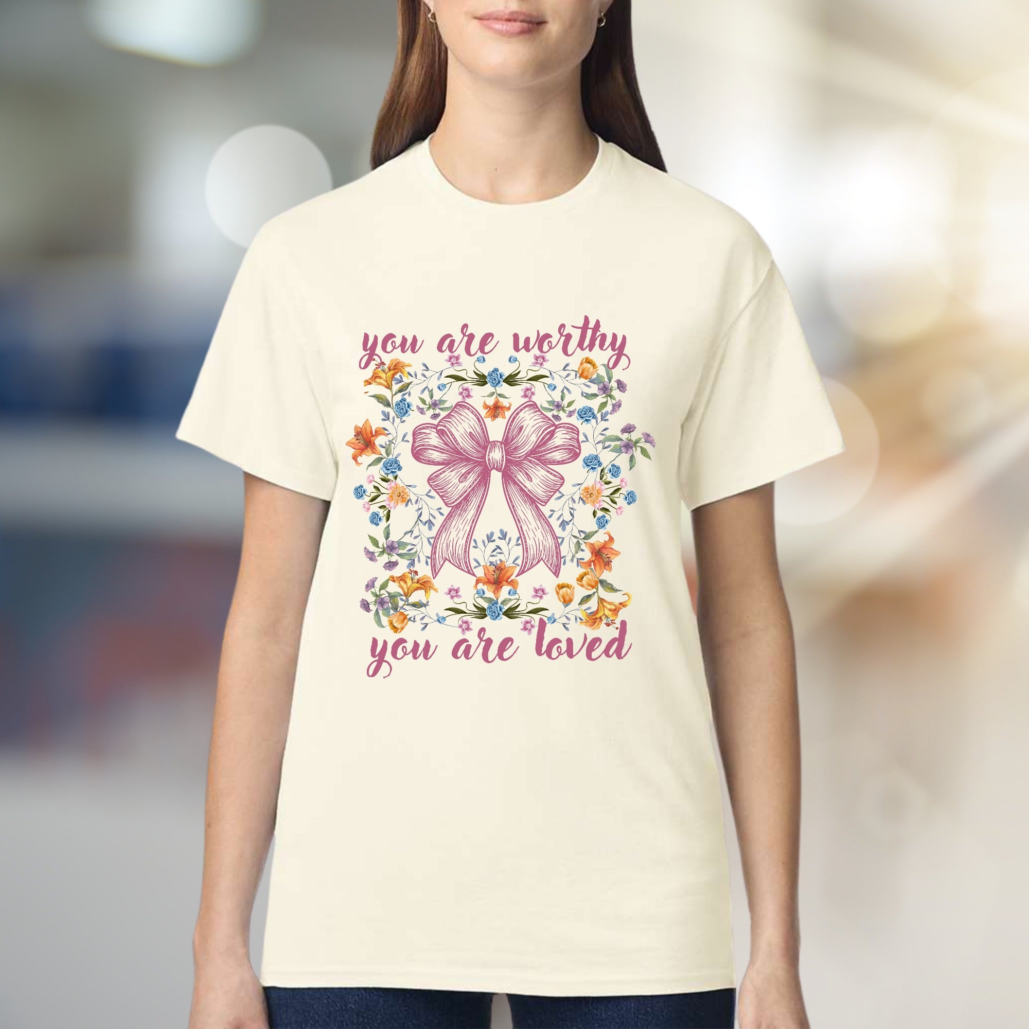 "You Are Worthy You Are Loved" Floral Bow Graphic Tee, a Self-Care Pick for Her