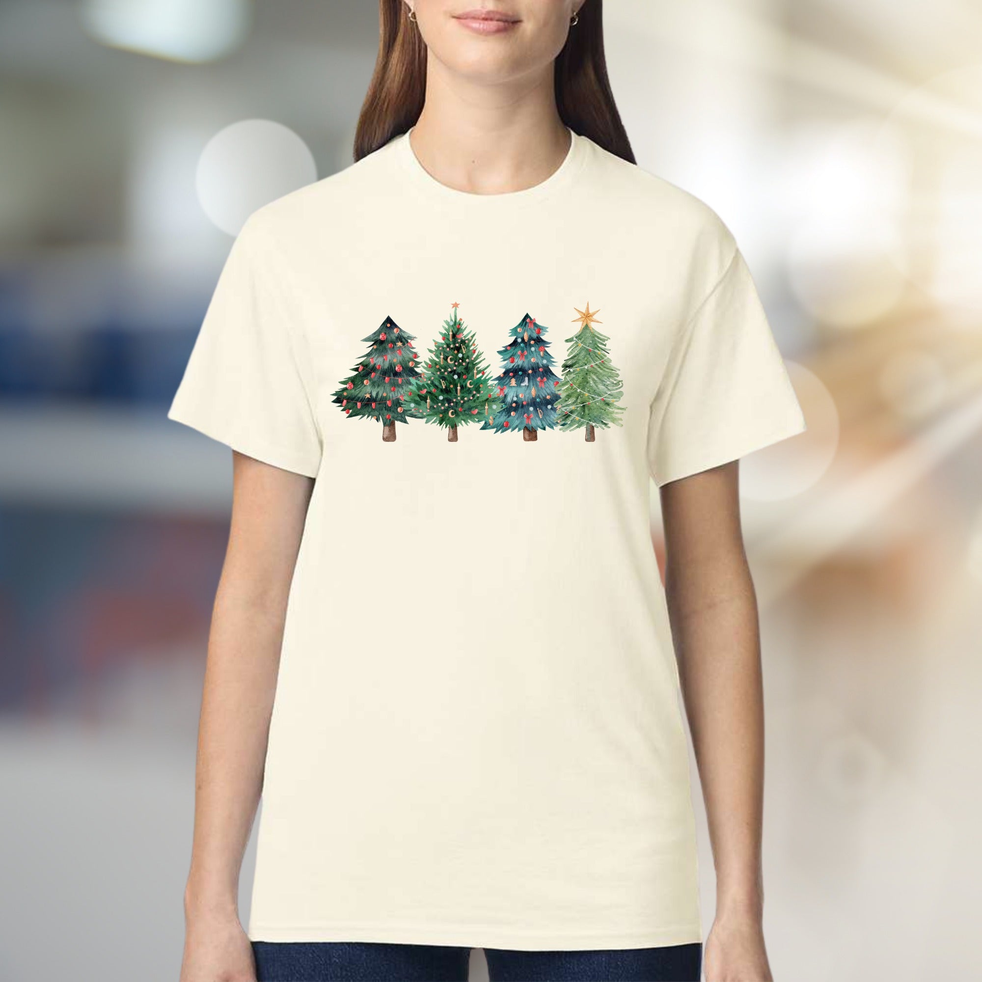 Festive Watercolor Christmas Trees Graphic Tee, A Cozy Holiday Pick for Everyone