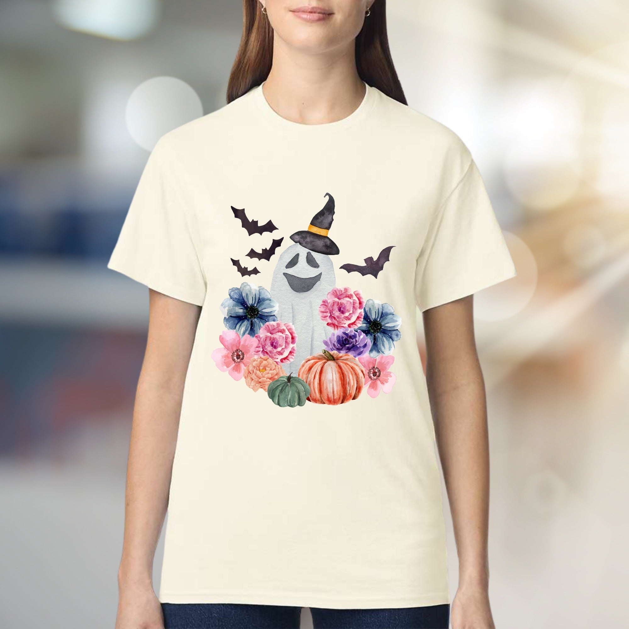 Witch Ghost & Floral Vibes Graphic Tee, a Spooky-Chic Pick for Halloween Lovers