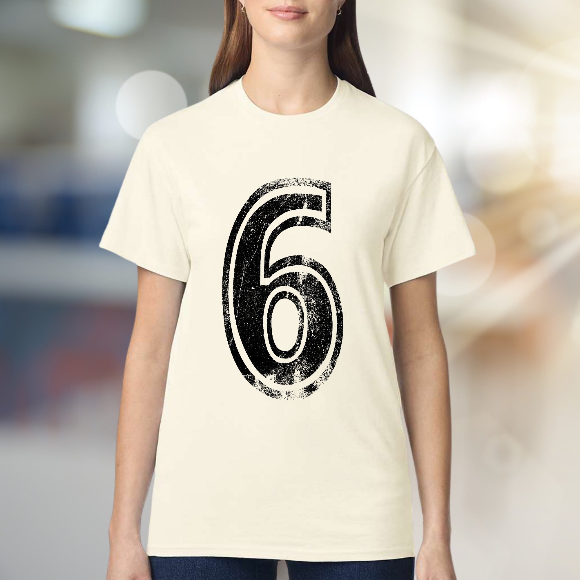 "6" Distressed Number Graphic Tee, a Bold Sporty Pick for Anyone
