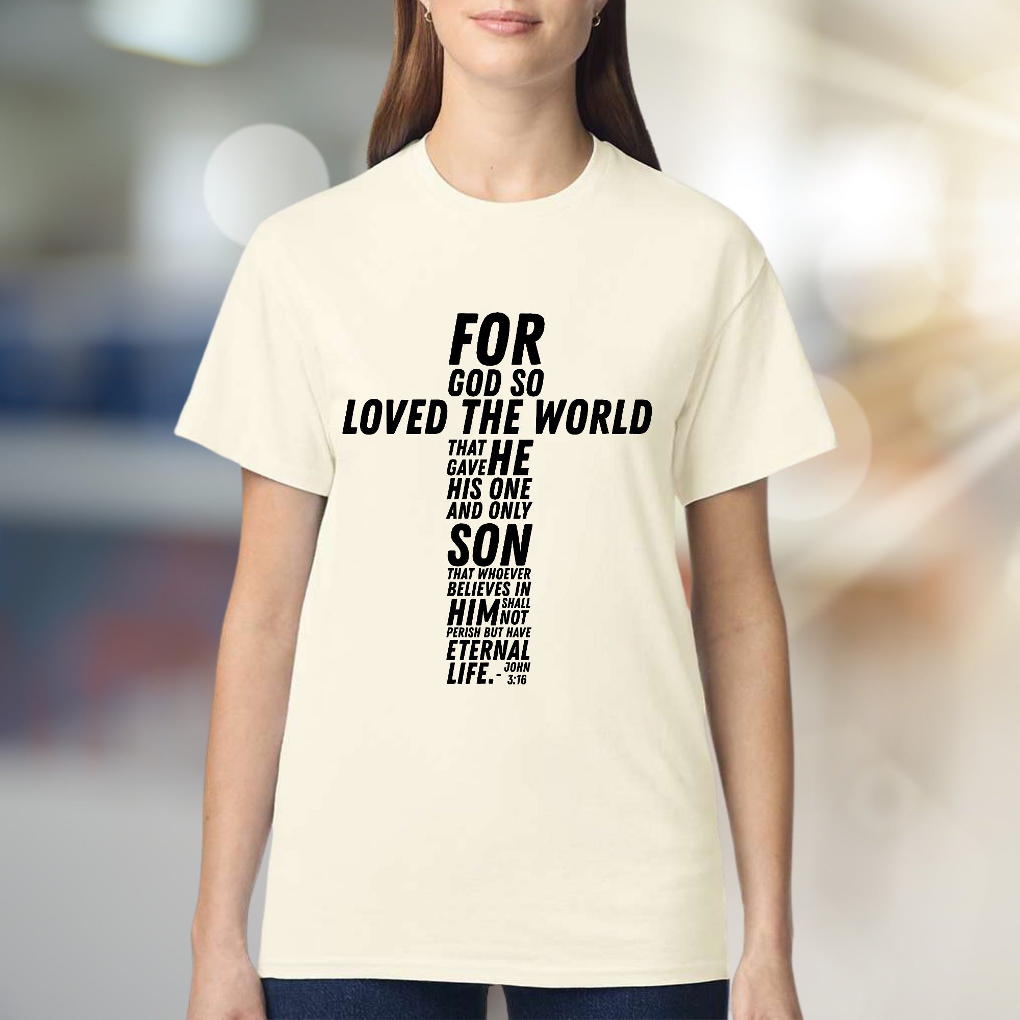 "For God So Loved The World" Scripture Cross Graphic Tee, a Faith-Inspired Pick for Believers