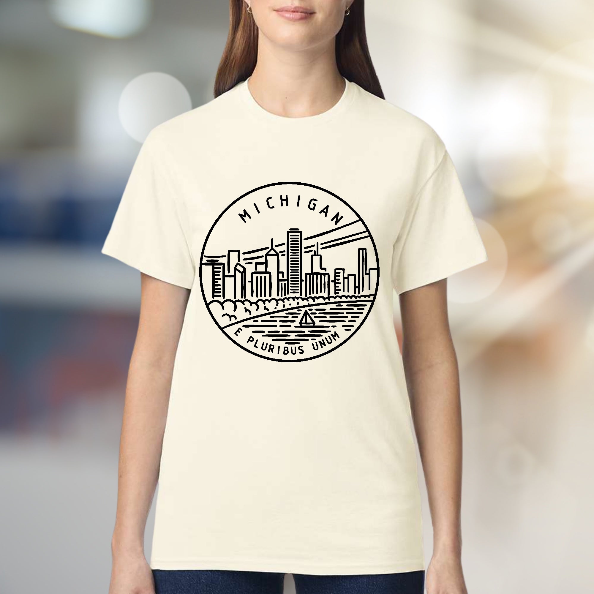 "MICHIGAN E PLURIBUS UNUM" Cityscape Graphic Tee, a State Pride Pick for Travel Enthusiasts