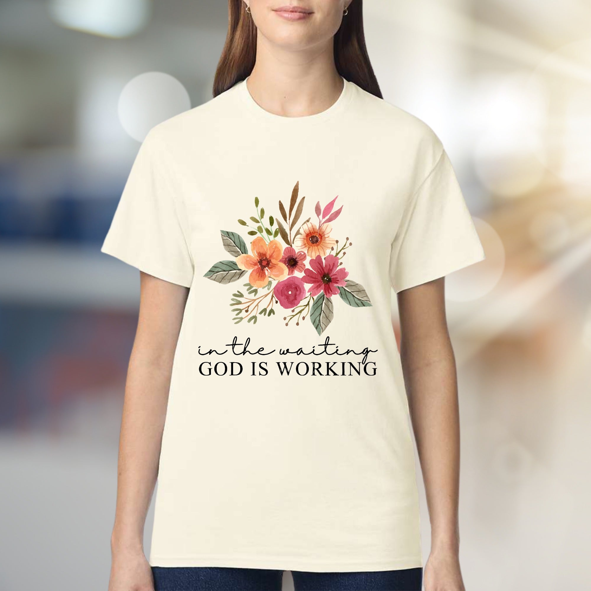 "In The Waiting God Is Working" Floral Graphic Tee, A Faith-Inspired Pick for Believers