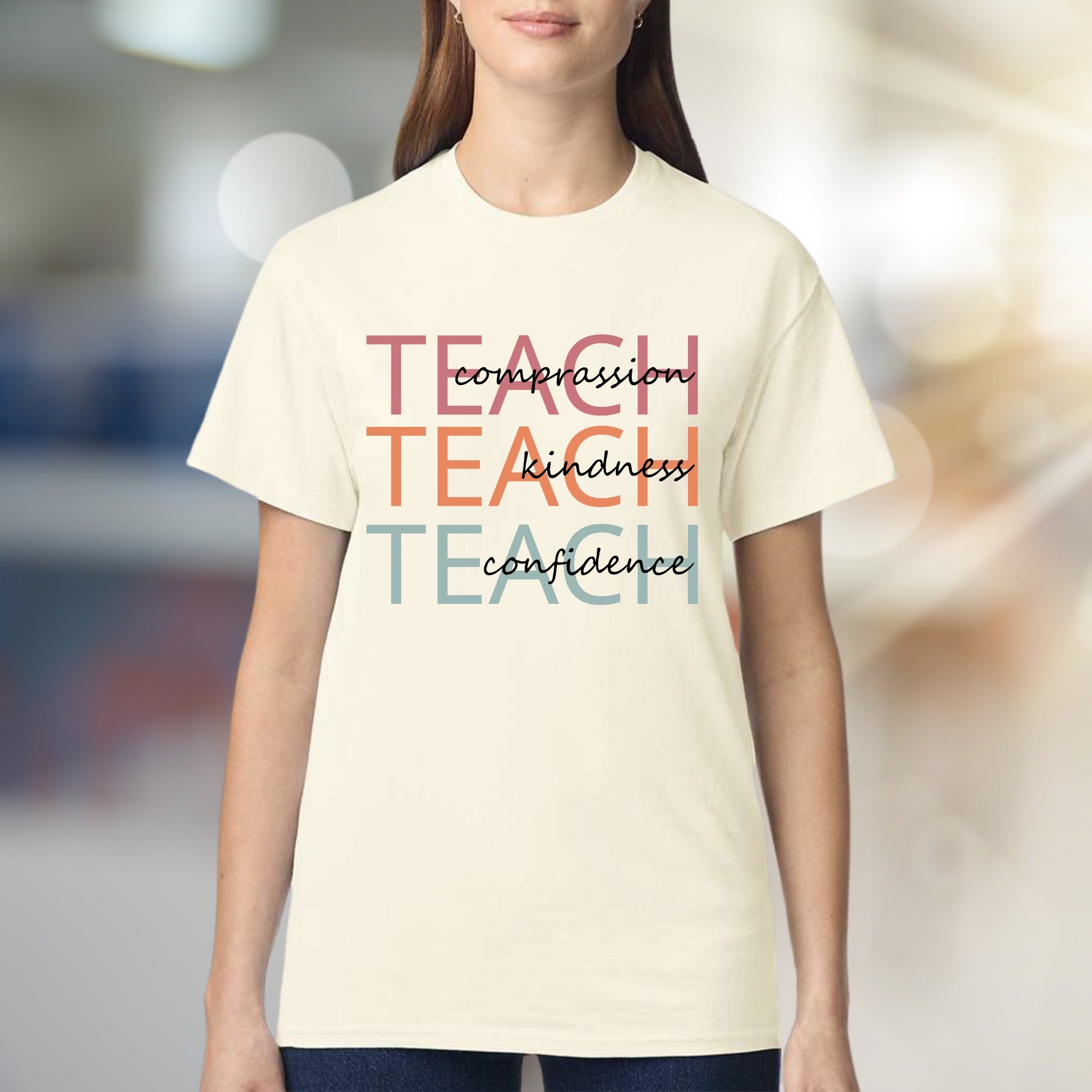 "Teach Compassion, Kindness, Confidence" Modern Educational Graphic Tee, a Thoughtful Pick for Educators