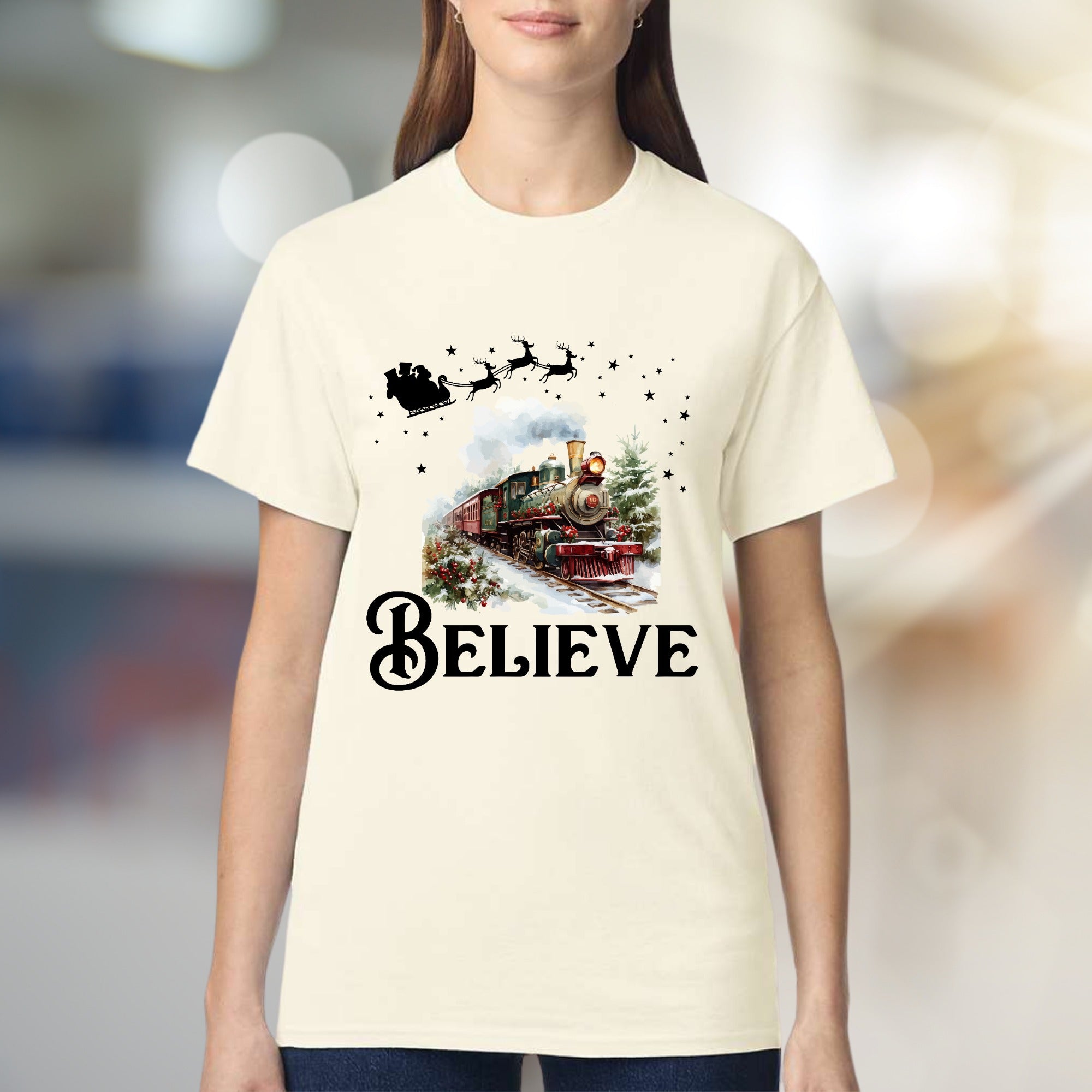 "BELIEVE" Christmas Train Graphic Tee, a Winter Wonderland Pick for Holiday Enthusiasts