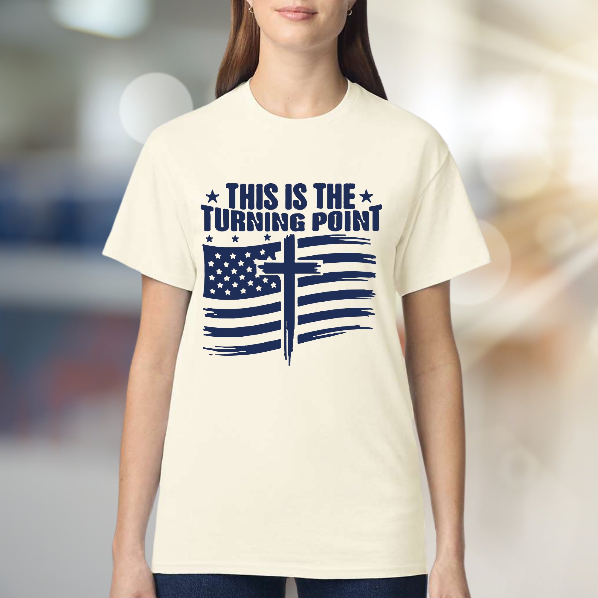 "THIS IS THE TURNING POINT" American Flag Cross Graphic Tee, a Faith-Inspired Statement