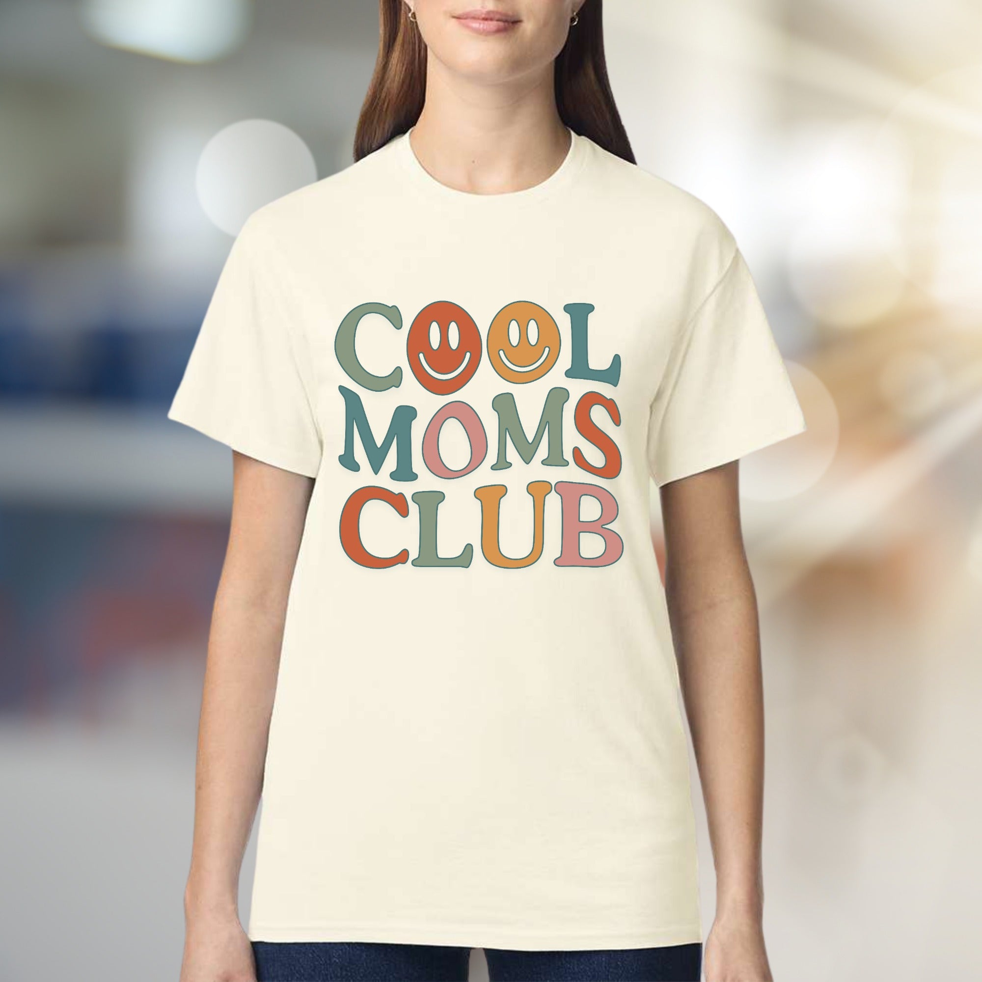 "COOL MOMS CLUB" Retro Smiley Face Graphic Tee, a Trendy Mom Pick for Her