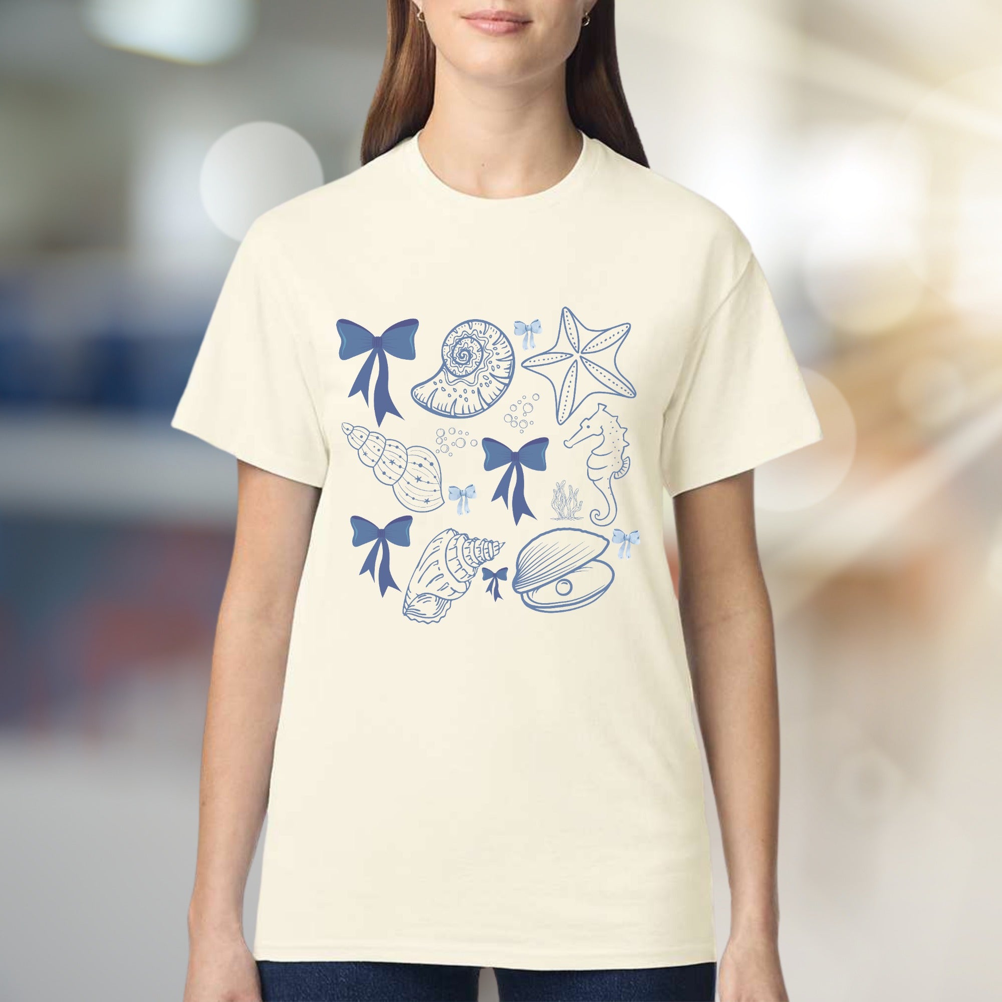 Oceanic Bows & Seashells Graphic Tee, a Whimsical Coastal Pick for Beach Lovers