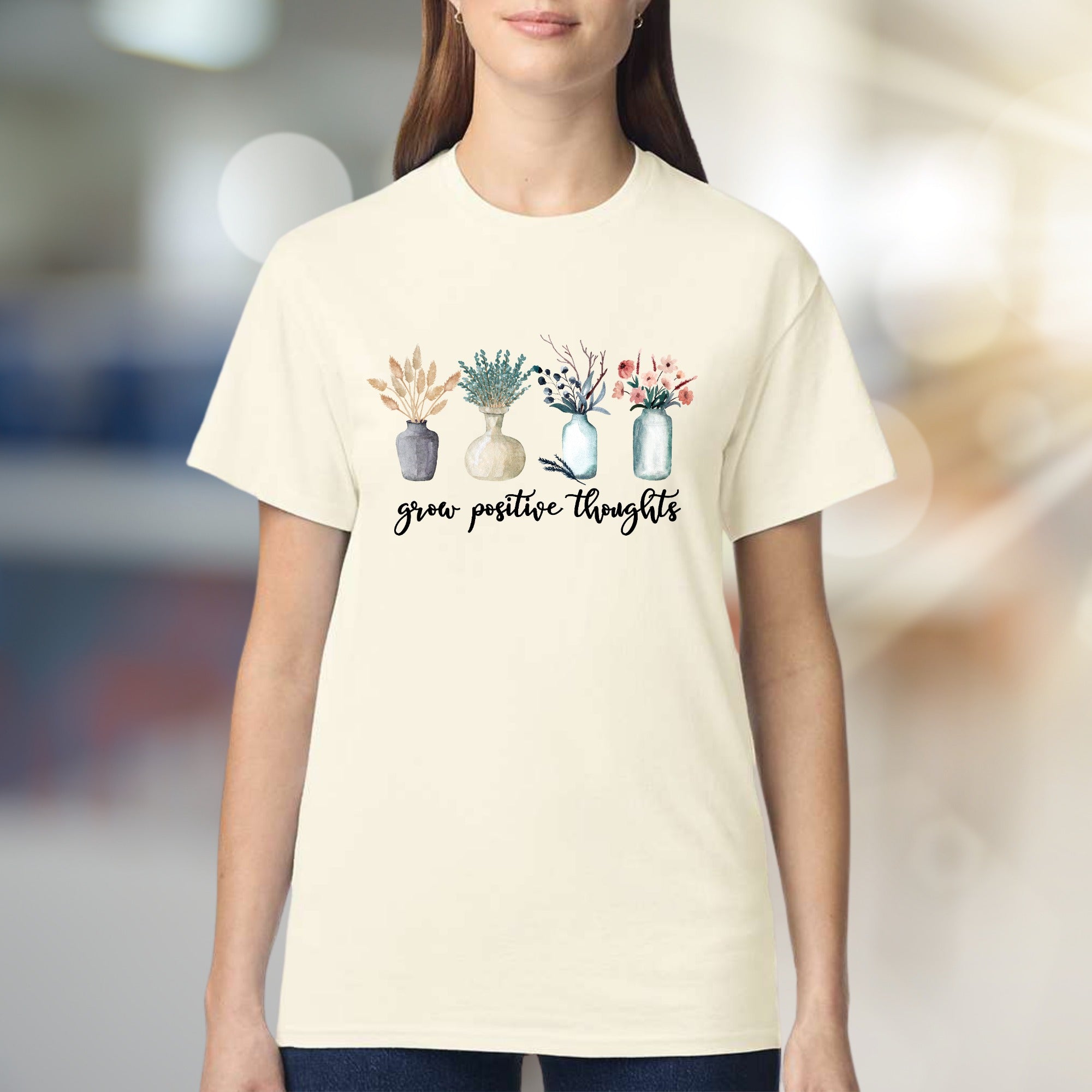 "Grow Positive Thoughts" Floral Graphic Tee, A Botanical Pick for Mindfulness