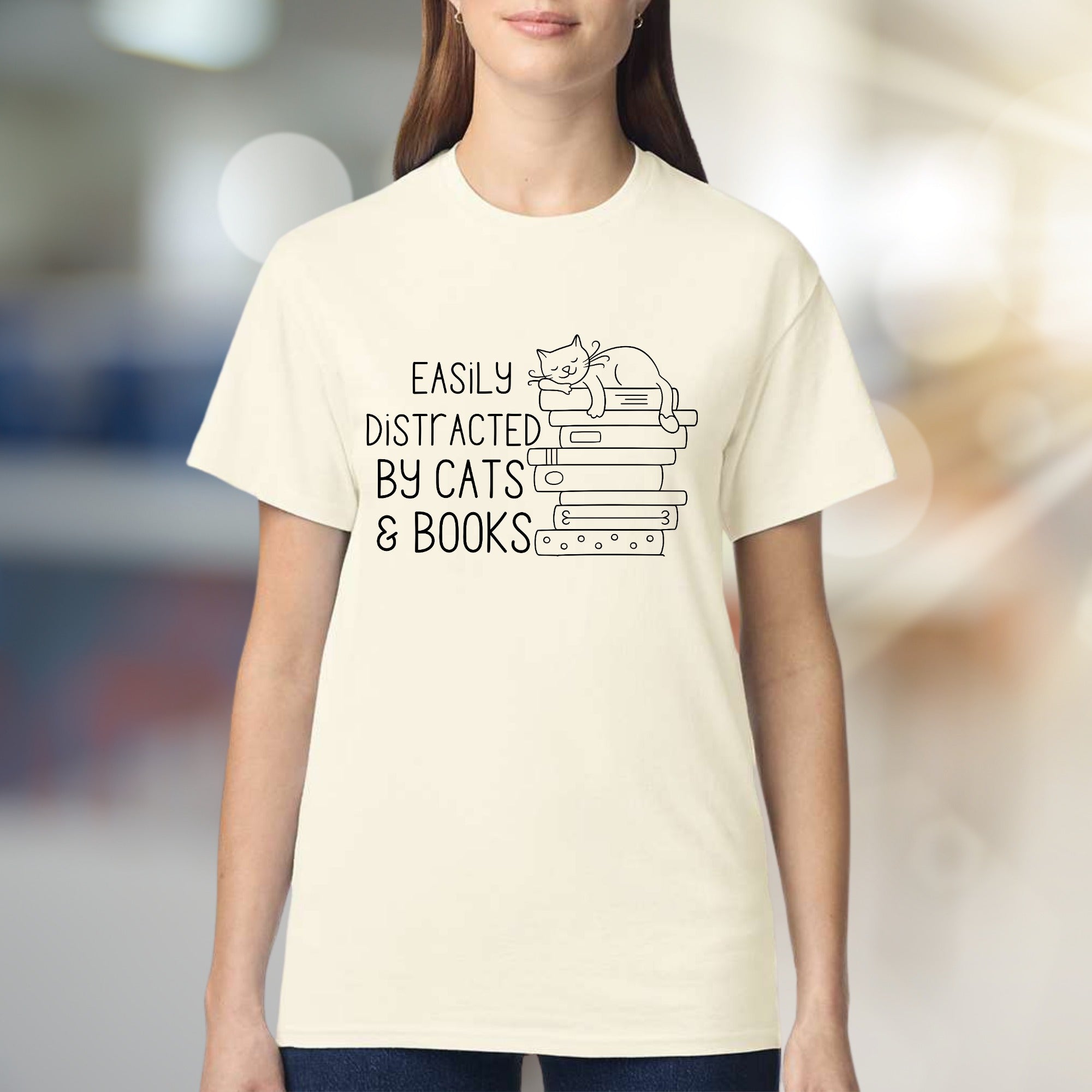 "Easily Distracted By Cats & Books" Cozy Reader Graphic Tee, a Feline-Friendly Pick for Book Lovers