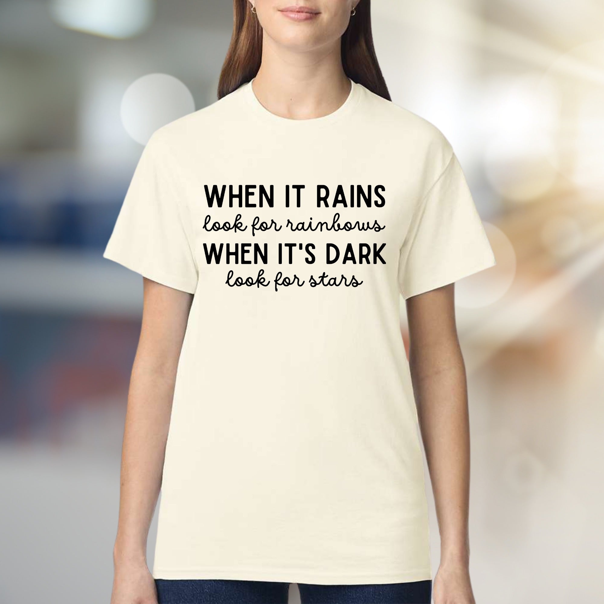 "WHEN IT RAINS look for rainbows" Inspirational Quote Graphic Tee, a Positive Vibe Pick for Optimists