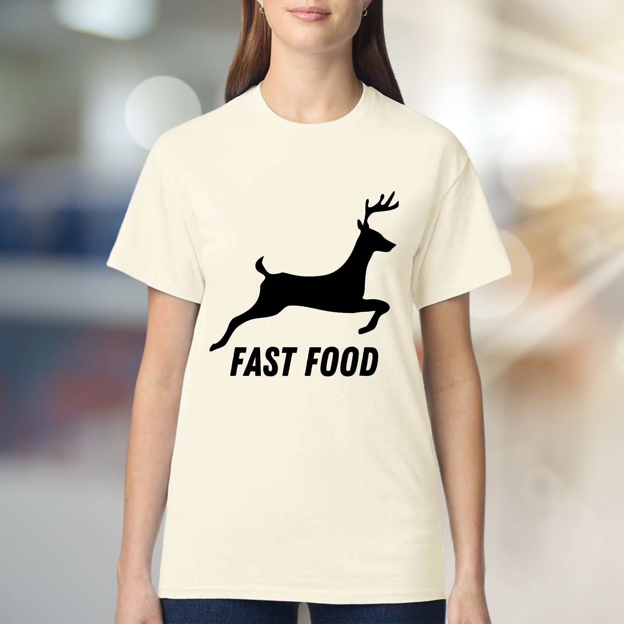 "Fast Food" Hunter Deer Graphic Tee, a Humorous Outdoorsy Pick for Enthusiasts