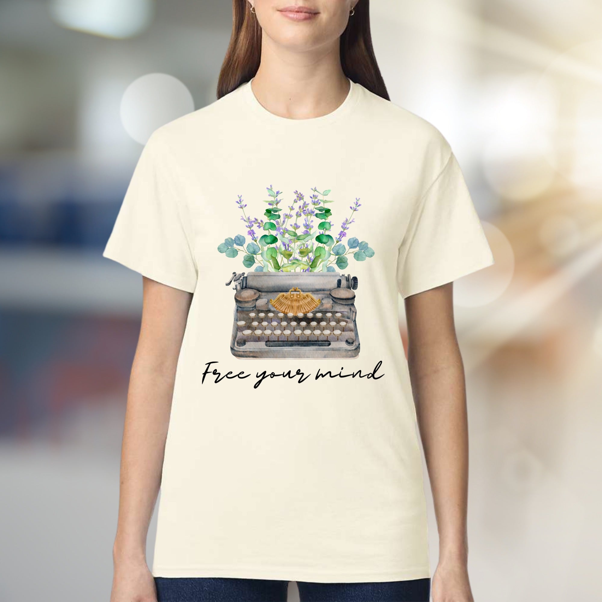 "Free Your Mind" Typewriter Floral Graphic Tee, a Creative Expression Unisex Tee