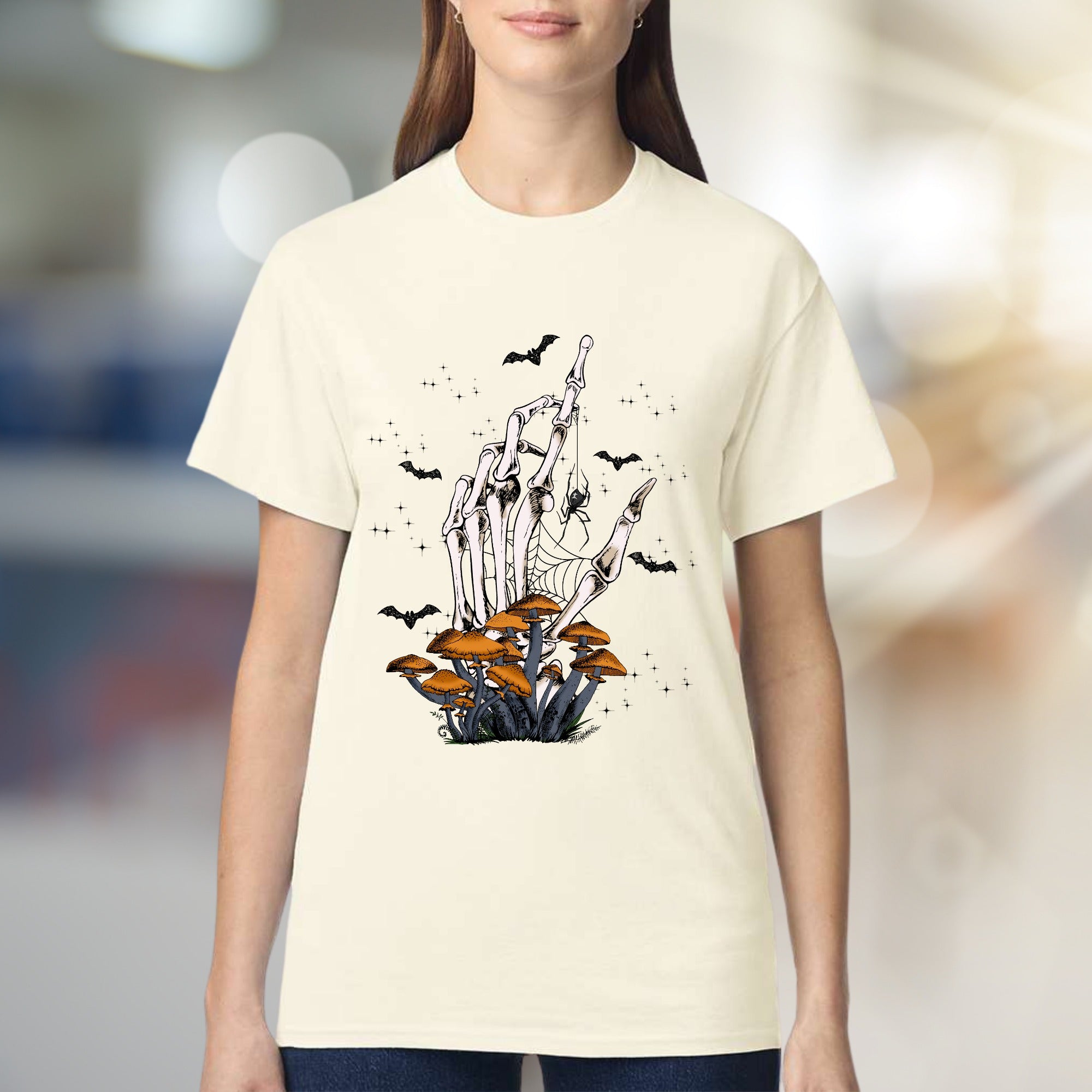 Skeleton Hand Mushroom Graphic Tee, a Spooky-Cute Pick for Halloween Lovers