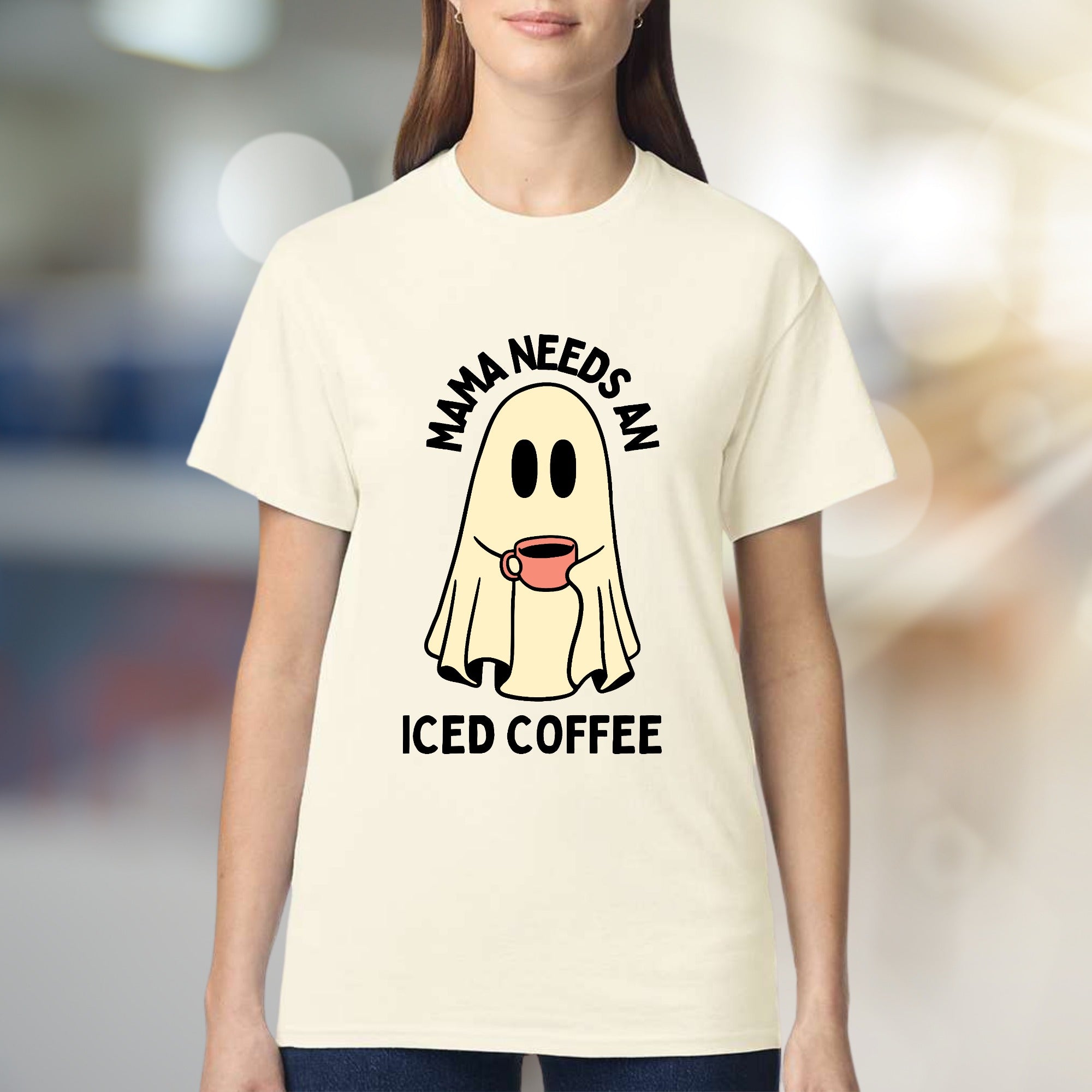 "Mama Needs An Iced Coffee" Spooky Coffee Lover Graphic Tee, a Humorous Mom Pick for Everyday Comfort