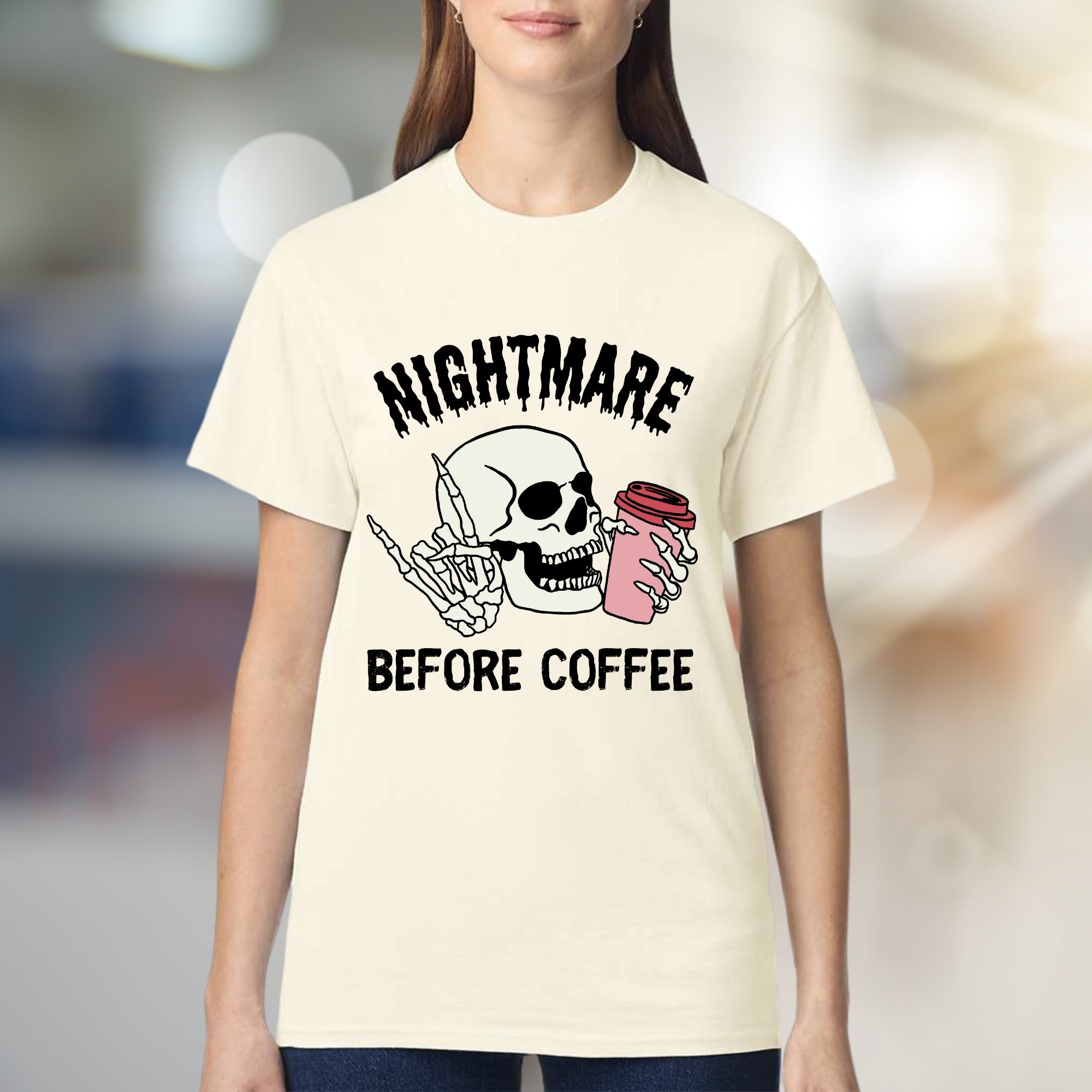 "NIGHTMARE BEFORE COFFEE" Humorous Skeleton Graphic Tee, a Witty Statement for Coffee Lovers